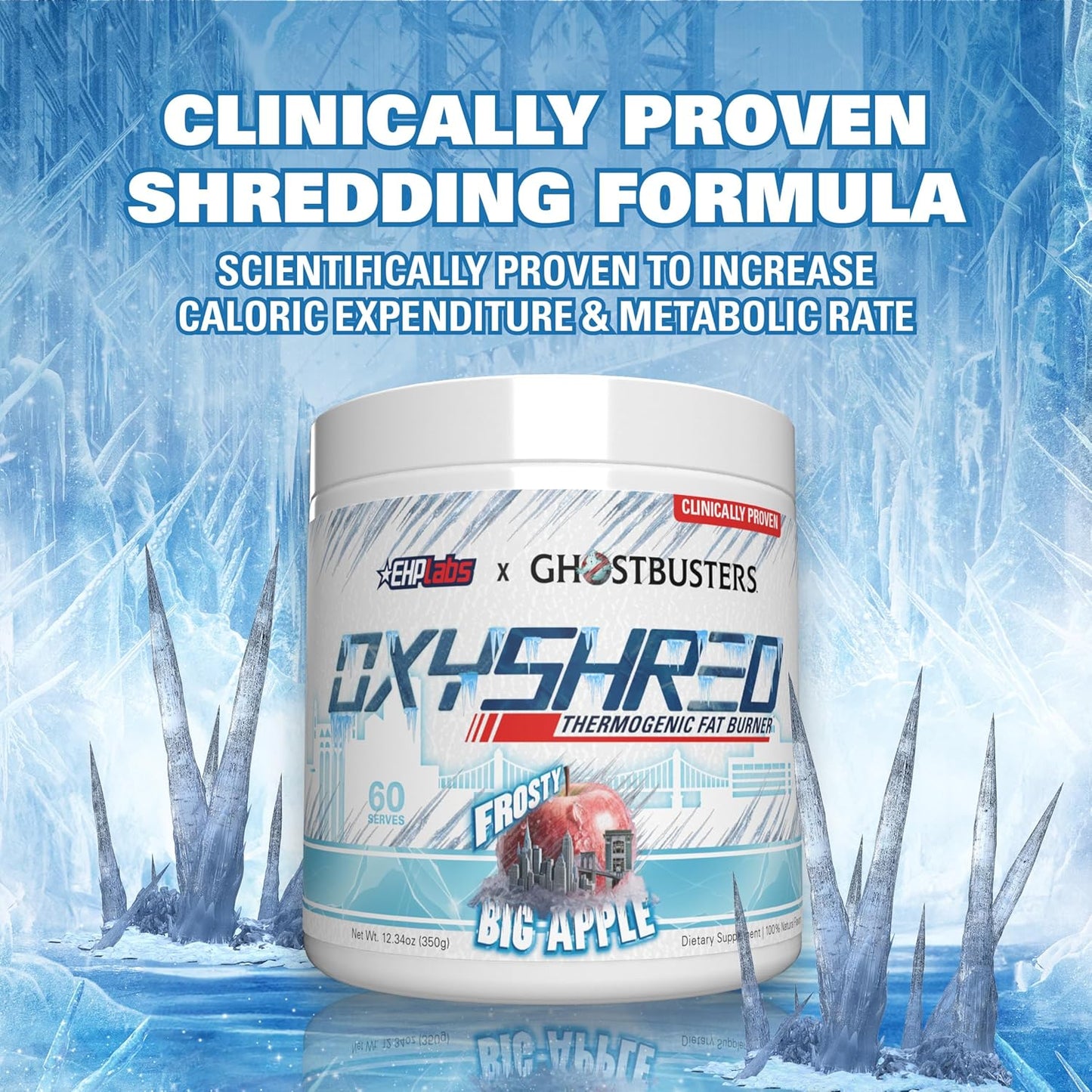 EHP Labs x Ghostbusters OxyShred Pre Workout Powder Supplement - Frosty Big Apple Flavor with Acetyl L Carnitine for Energy Boost - 60 Servings