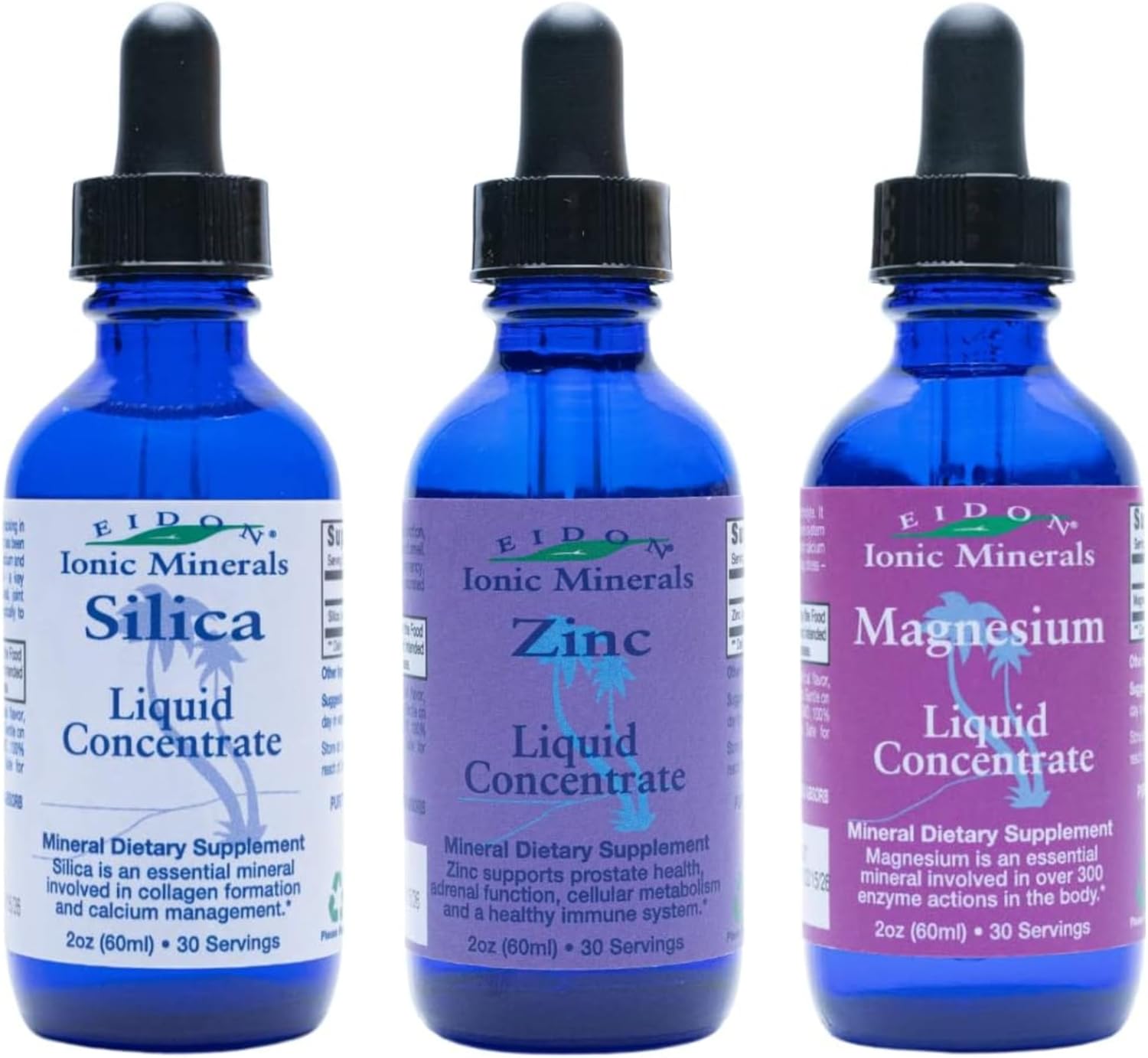 Eidon Ionic Minerals Liquid Variety Pack - Silica, Zinc, Magnesium Drops - All-Natural Trace Minerals, No Additives - 2 oz, Pack of 3