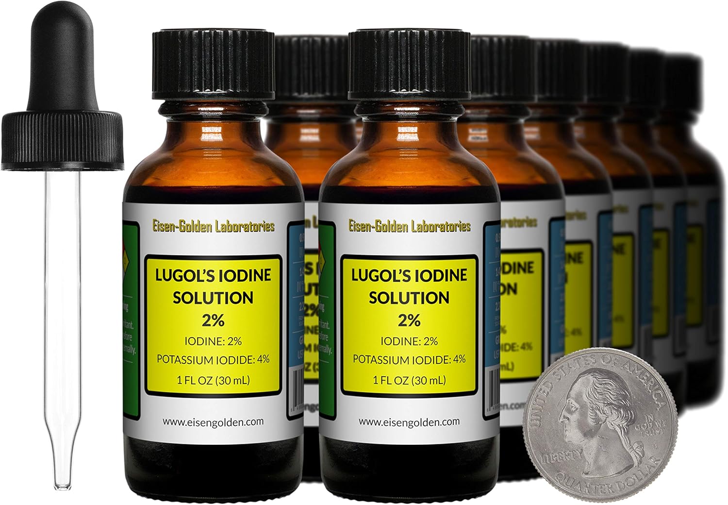 Eisen-Golden Laboratories Lugol's Iodine 2% Solution - 12 Oz in Amber Glass Bottles - Free Droppers - Made in USA