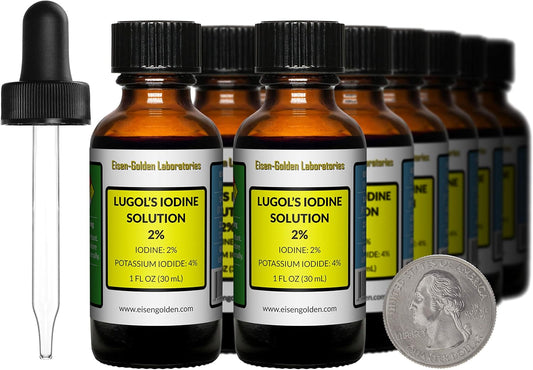 Eisen-Golden Laboratories Lugol's Iodine 2% Solution - 12 Oz in Amber Glass Bottles - Free Droppers - Made in USA