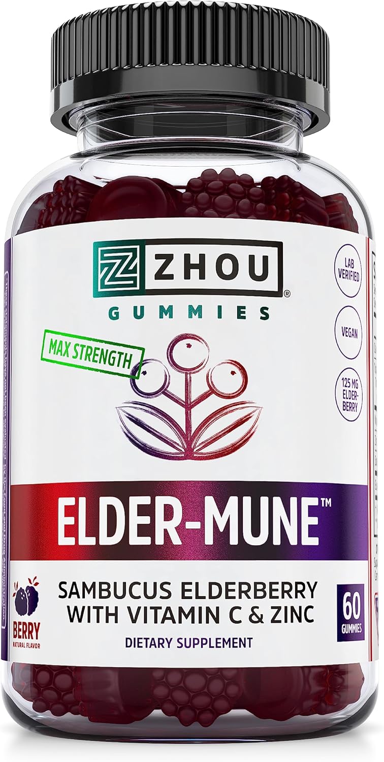 Elder-Mune Sambucus Elderberry Gummies with Zinc and Vitamin C for Kids & Adults - Immune Support, Antioxidants, Vegan & Gluten Free - 30 Servings, 60 Gummies