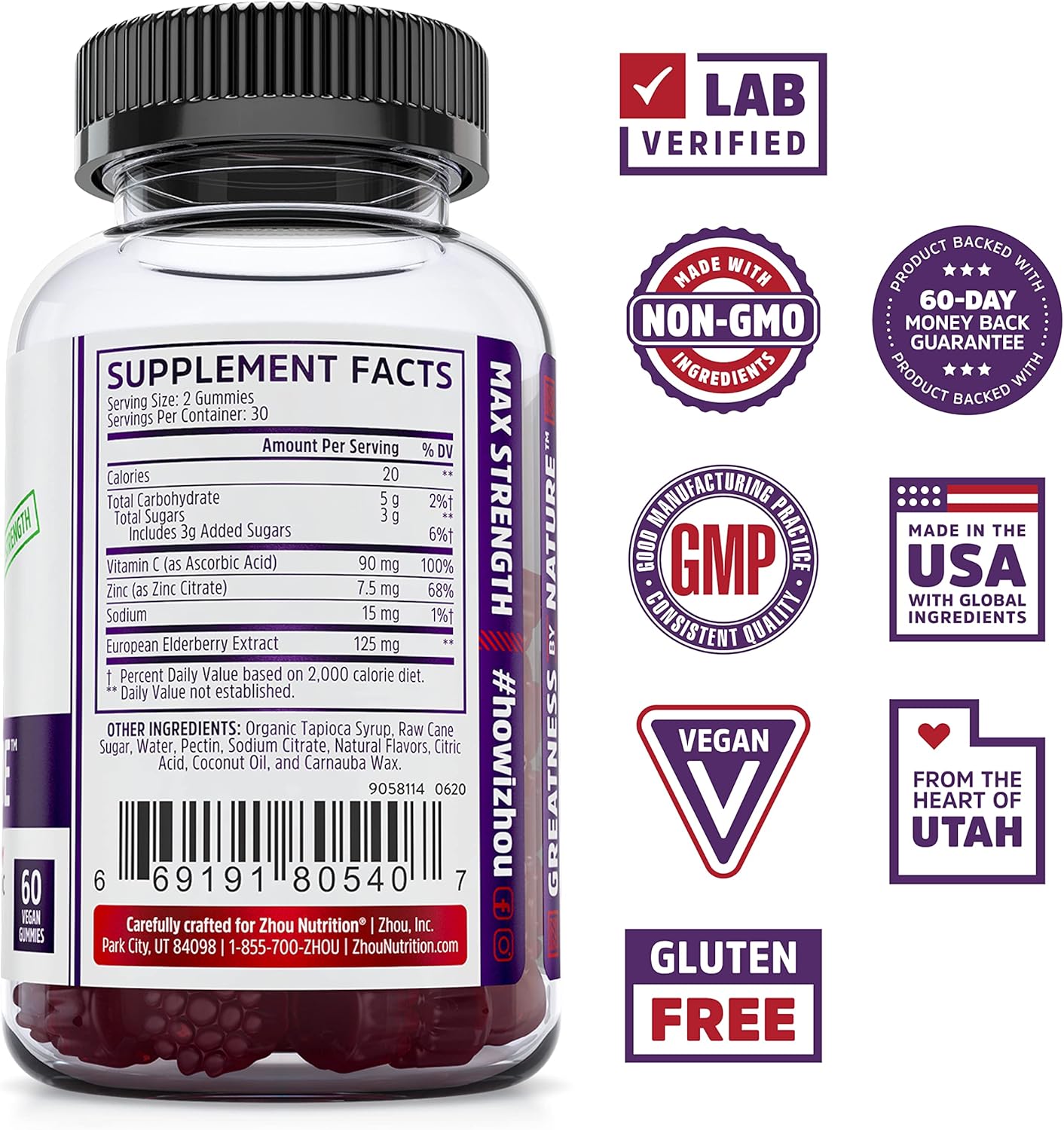 Elder-Mune Sambucus Elderberry Gummies with Zinc and Vitamin C for Kids & Adults - Immune Support, Antioxidants, Vegan & Gluten Free - 30 Servings, 60 Gummies