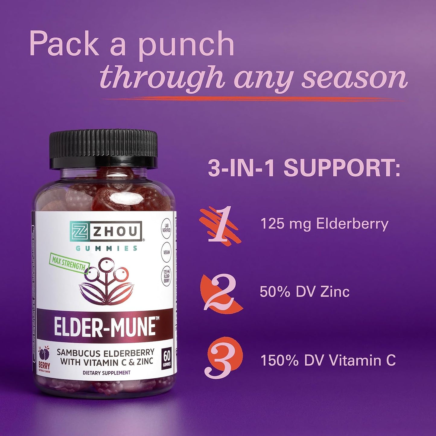 Elder-Mune Sambucus Elderberry Gummies with Zinc and Vitamin C for Kids & Adults - Immune Support, Antioxidants, Vegan & Gluten Free - 30 Servings, 60 Gummies