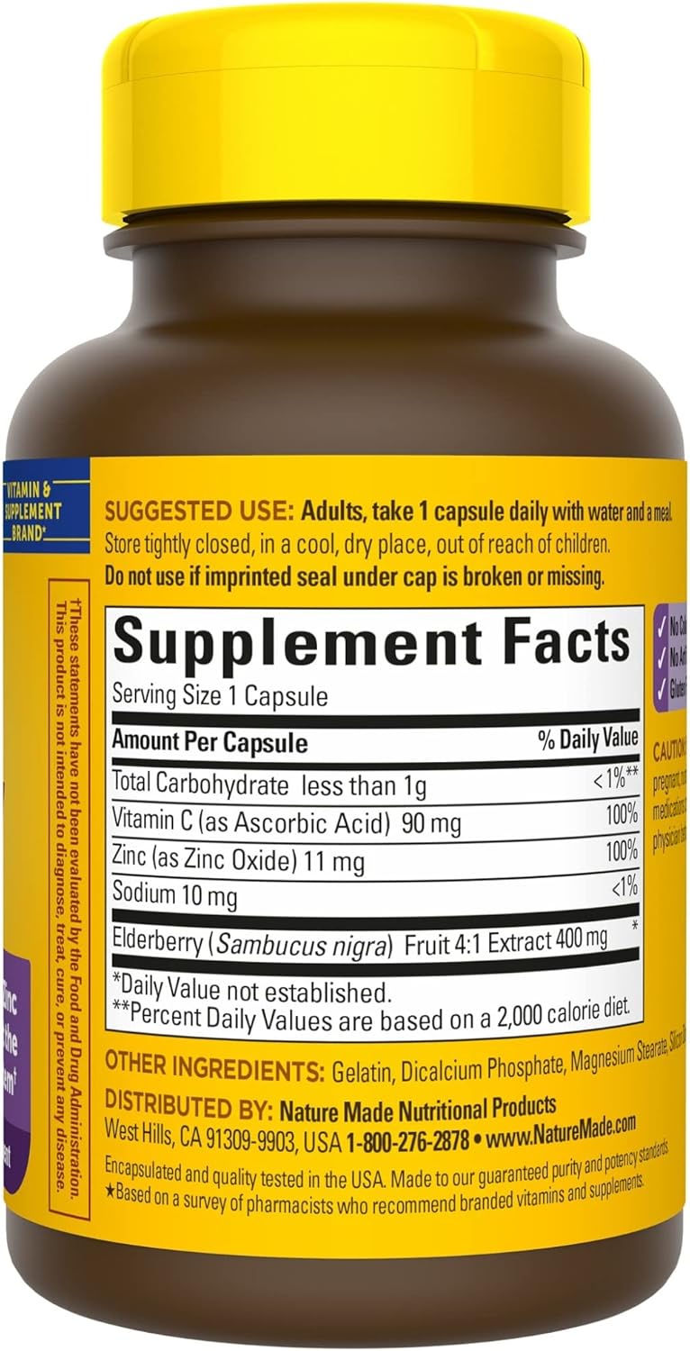 Elderberry 400mg Extract Capsules with Vitamin C and Zinc for Immune Support - 60 Day Supply