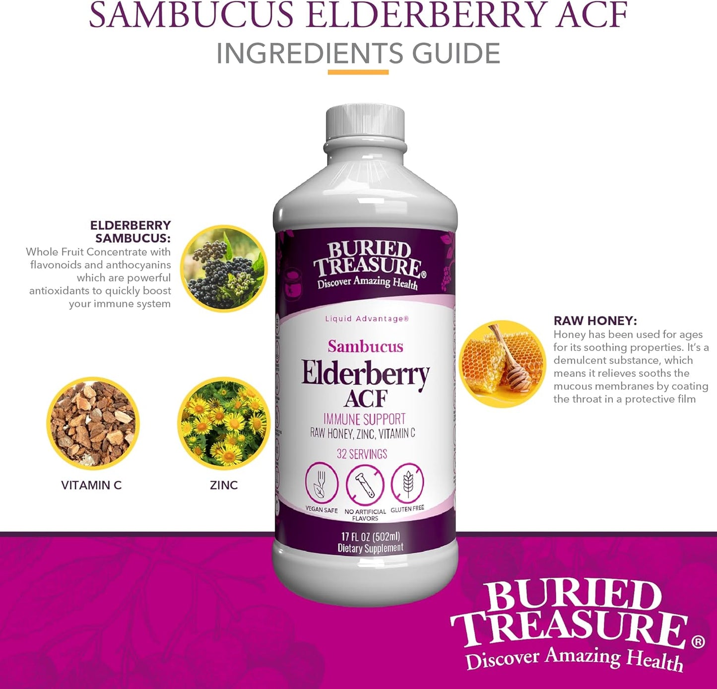 Elderberry ACF Liquid Immune Support with 4,000mg Sambucus Concentrate, Vitamin C & Raw Honey 16oz