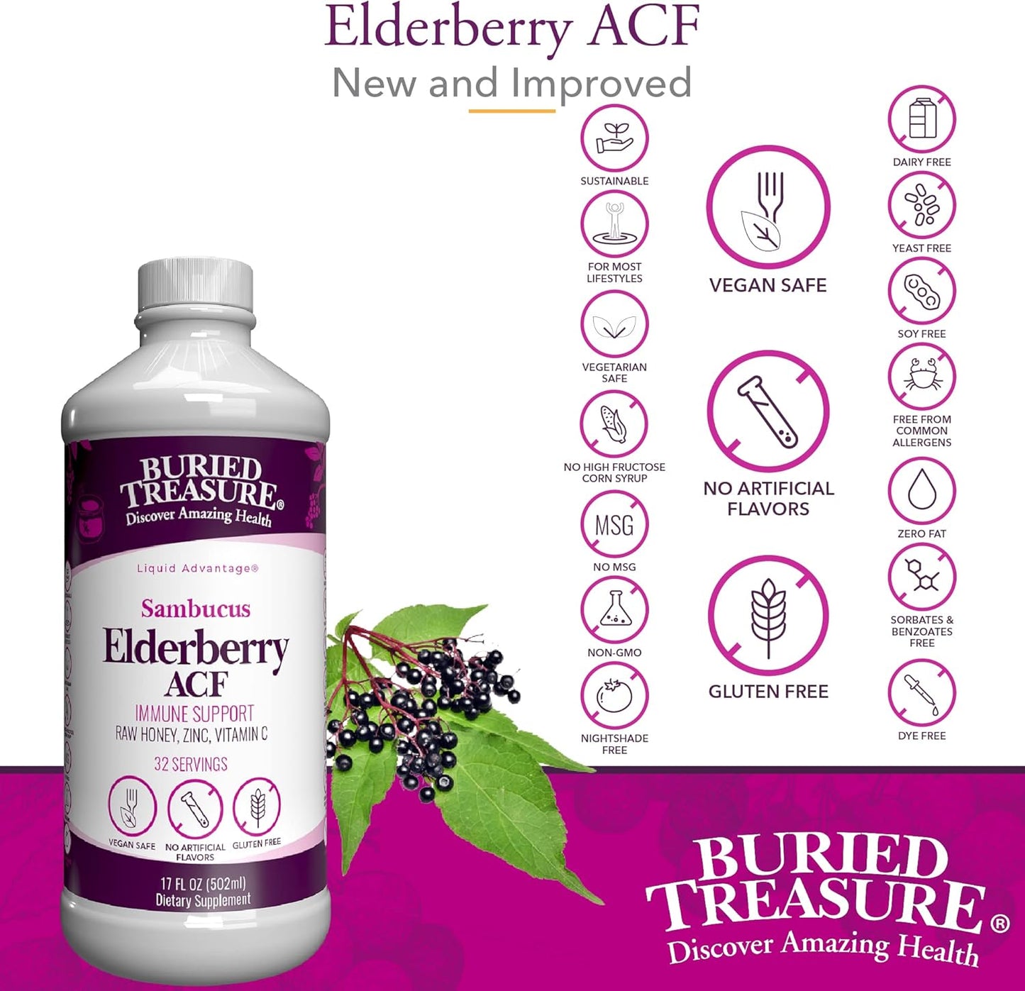 Elderberry ACF Liquid Immune Support with 4,000mg Sambucus Concentrate, Vitamin C & Raw Honey 16oz