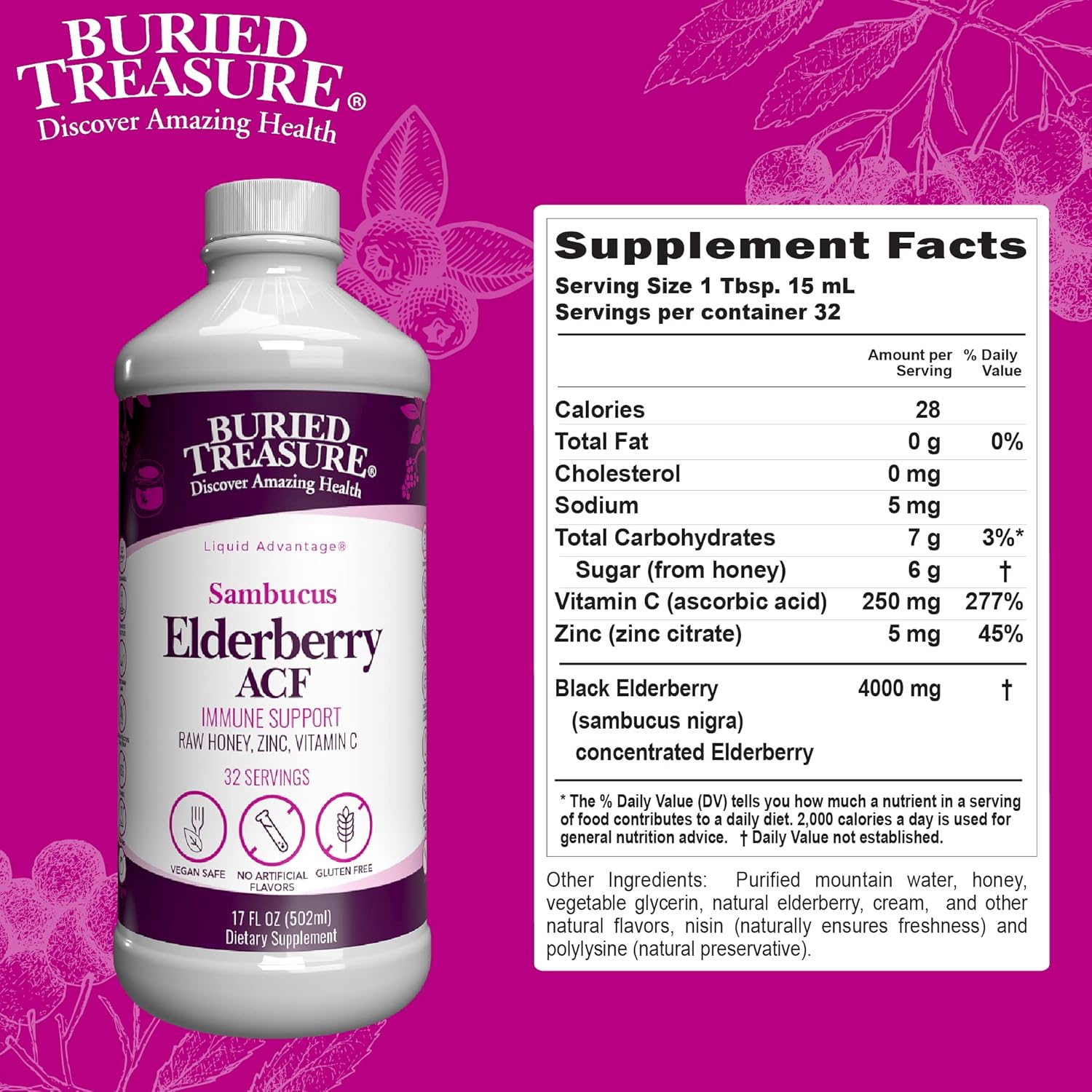 Elderberry ACF Liquid Immune Support with 4,000mg Sambucus Concentrate, Vitamin C & Raw Honey 16oz