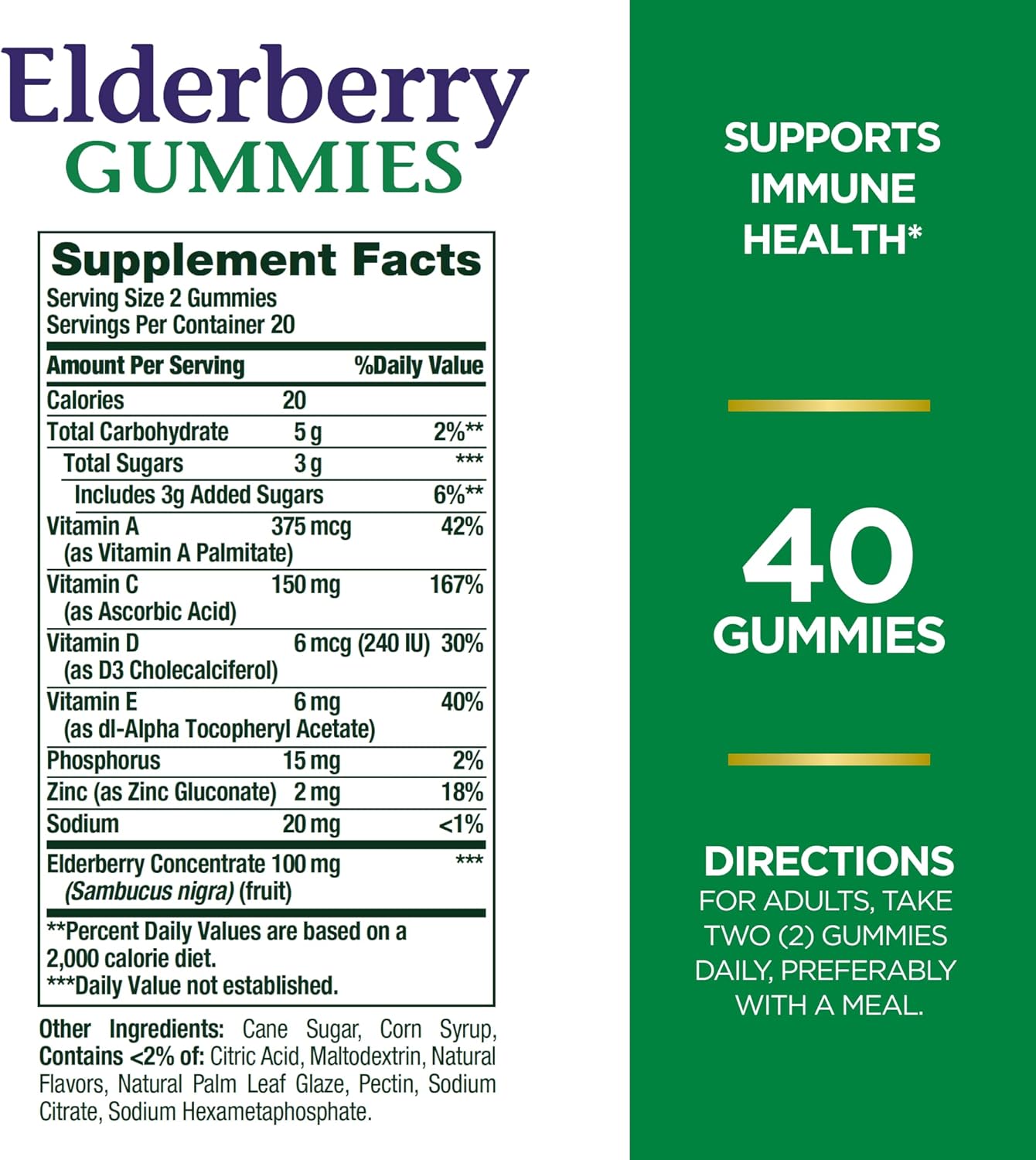 Elderberry Gummies with Vitamin A, C, D, E, Zinc for Immune Support - 40 Gummies