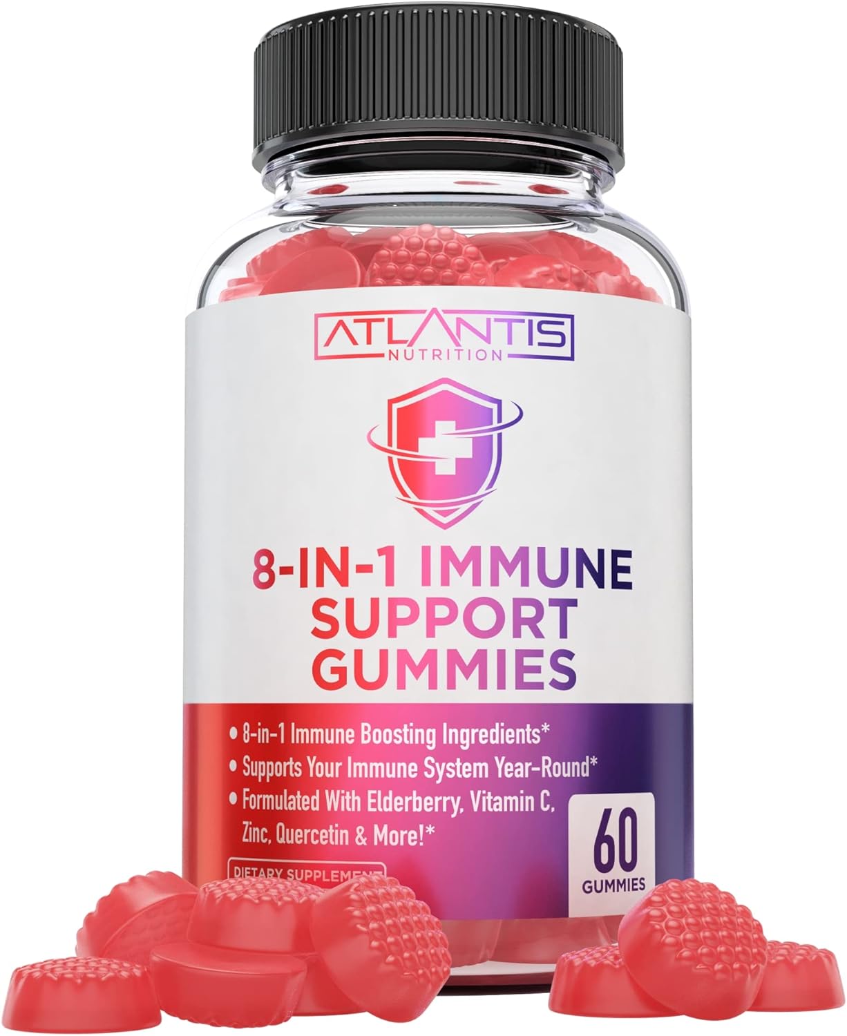 Elderberry Immune Support Gummies with Quercetin, Zinc, Vitamin C - 8-in-1 Immunity Boost for Adults & Kids - 60 Count