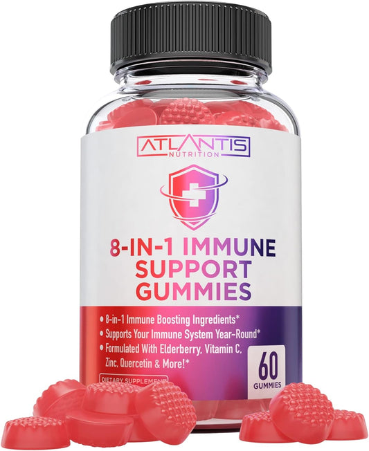 Elderberry Immune Support Gummies with Quercetin, Zinc, Vitamin C - 8-in-1 Immunity Boost for Adults & Kids - 60 Count