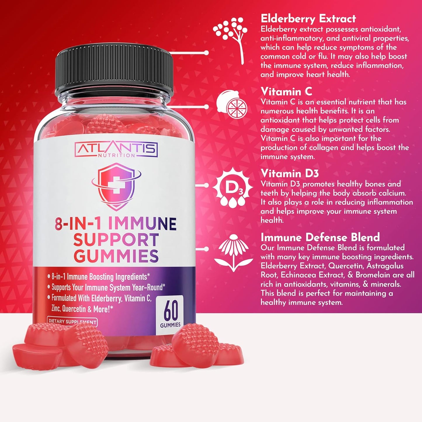 Elderberry Immune Support Gummies with Quercetin, Zinc, Vitamin C - 8-in-1 Immunity Boost for Adults & Kids - 60 Count