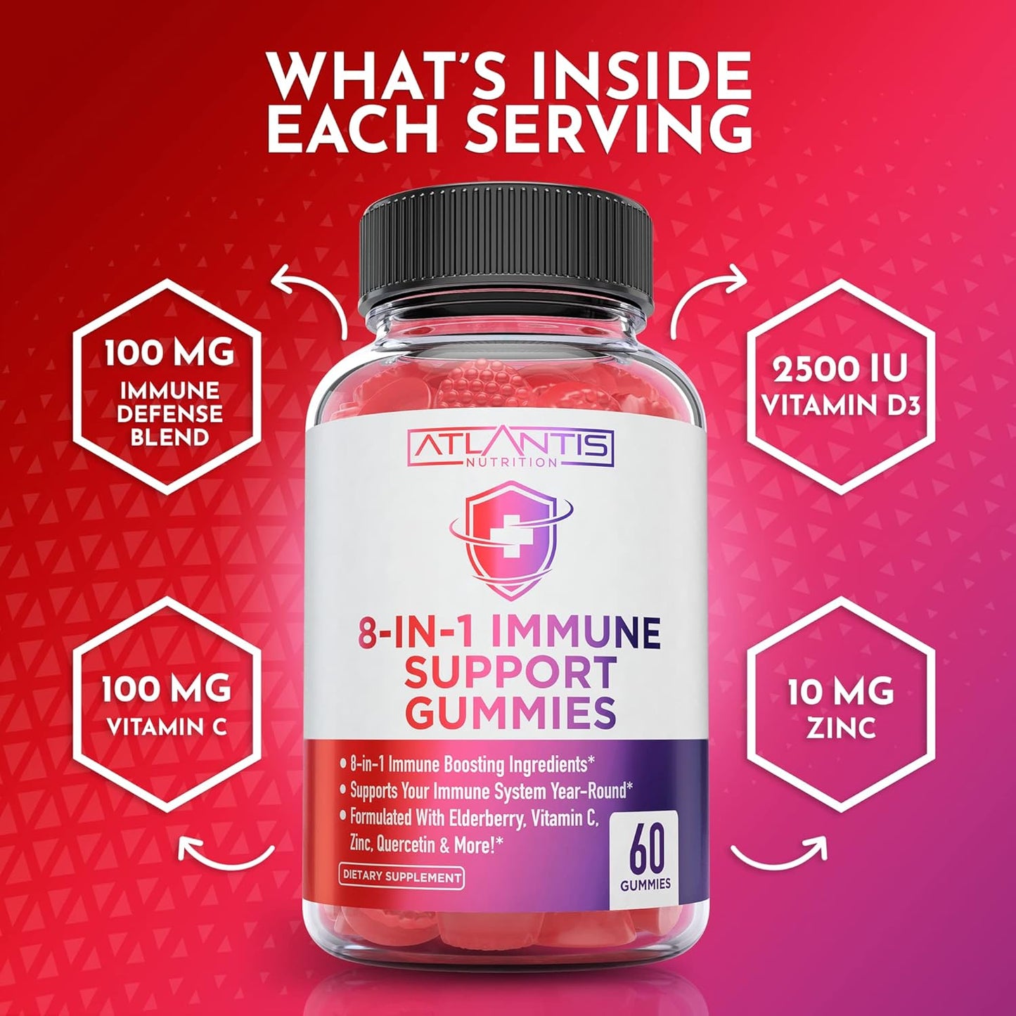 Elderberry Immune Support Gummies with Quercetin, Zinc, Vitamin C - 8-in-1 Immunity Boost for Adults & Kids - 60 Count