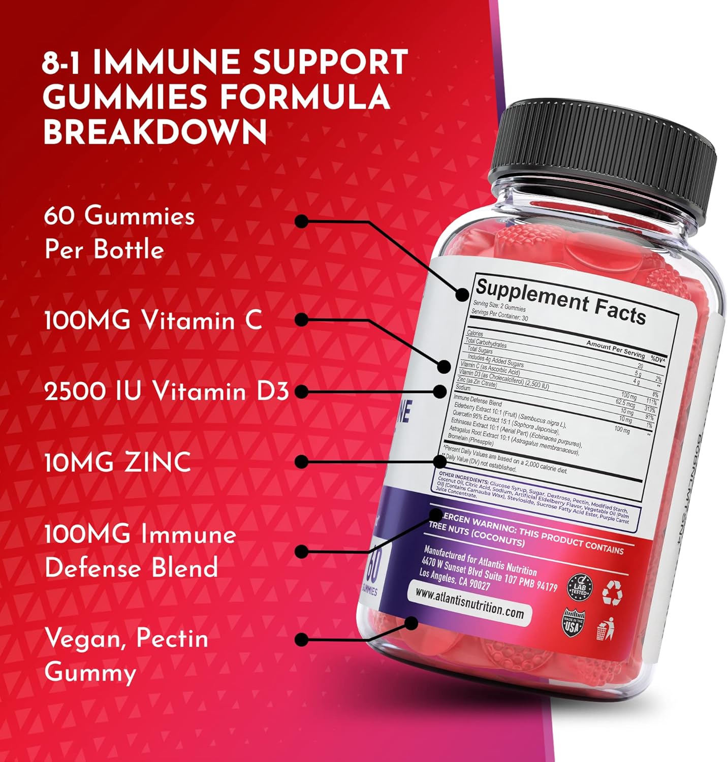 Elderberry Immune Support Gummies with Quercetin, Zinc, Vitamin C - 8-in-1 Immunity Boost for Adults & Kids - 60 Count