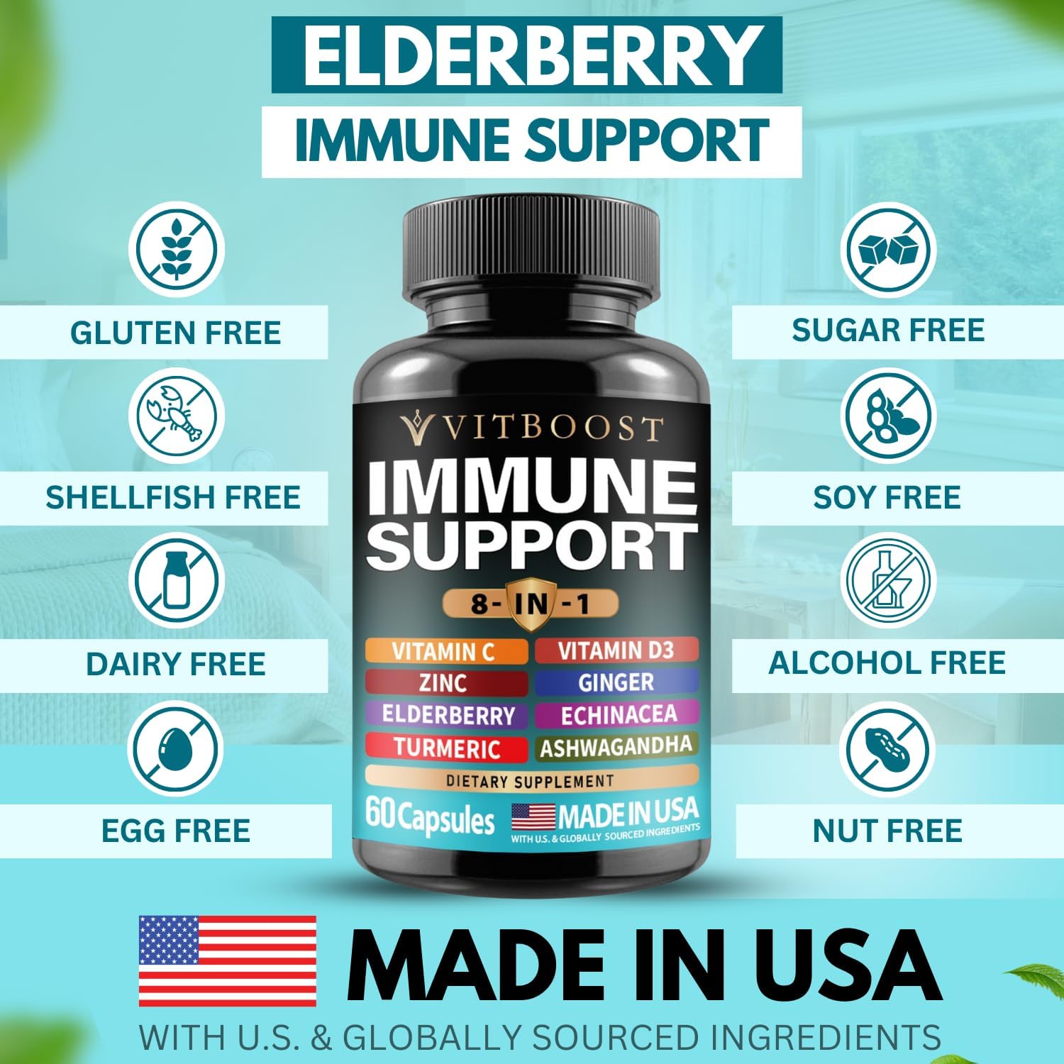 Elderberry Immune Support Supplement with Echinacea, Vitamin C, Zinc, D3, Turmeric, Ginger, Ashwagandha - 60 Capsules