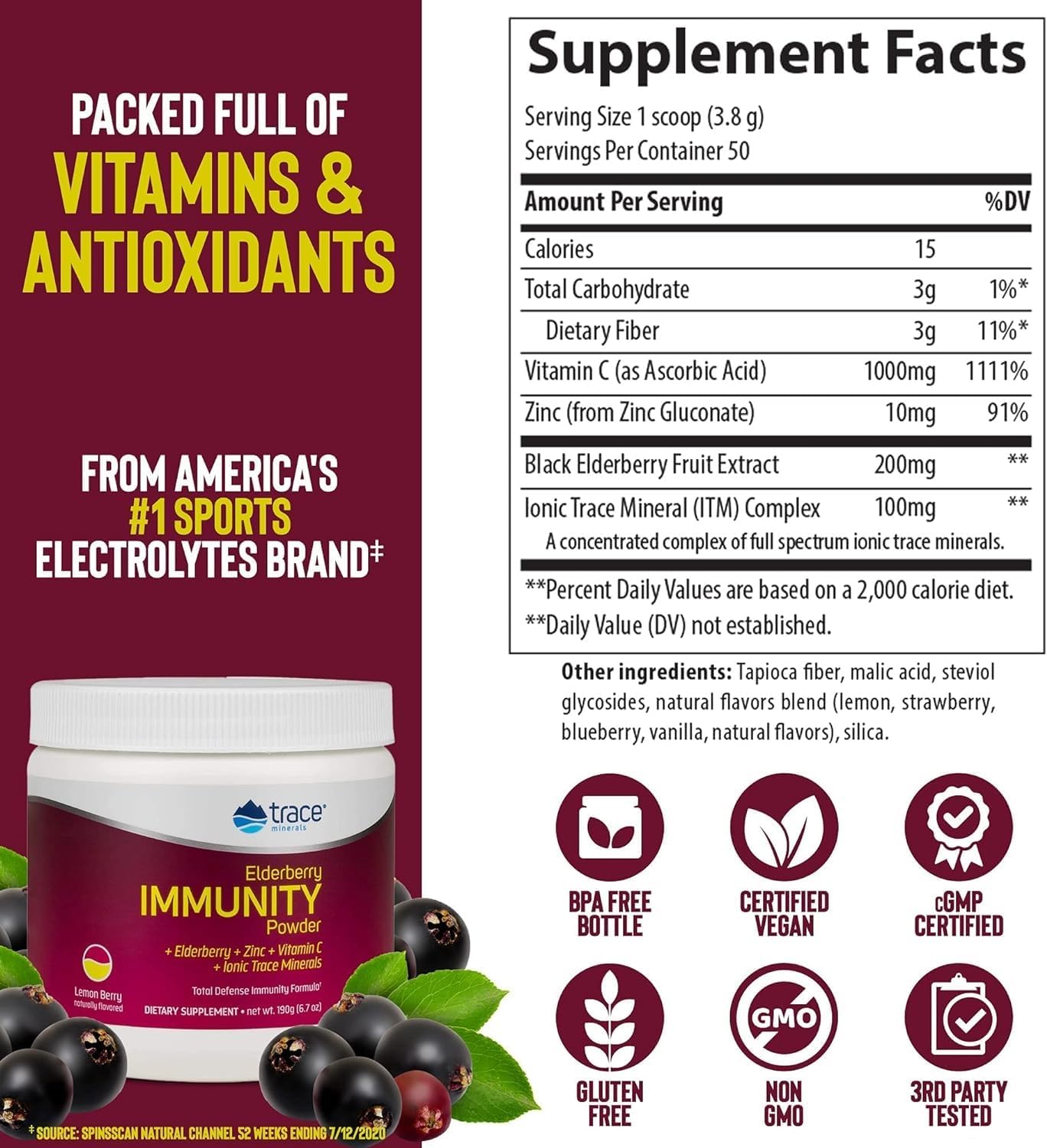 Elderberry Immunity Drink with Trace Minerals - Antioxidant Support for Heart Health - Lemon Berry Flavor, 6.7 oz
