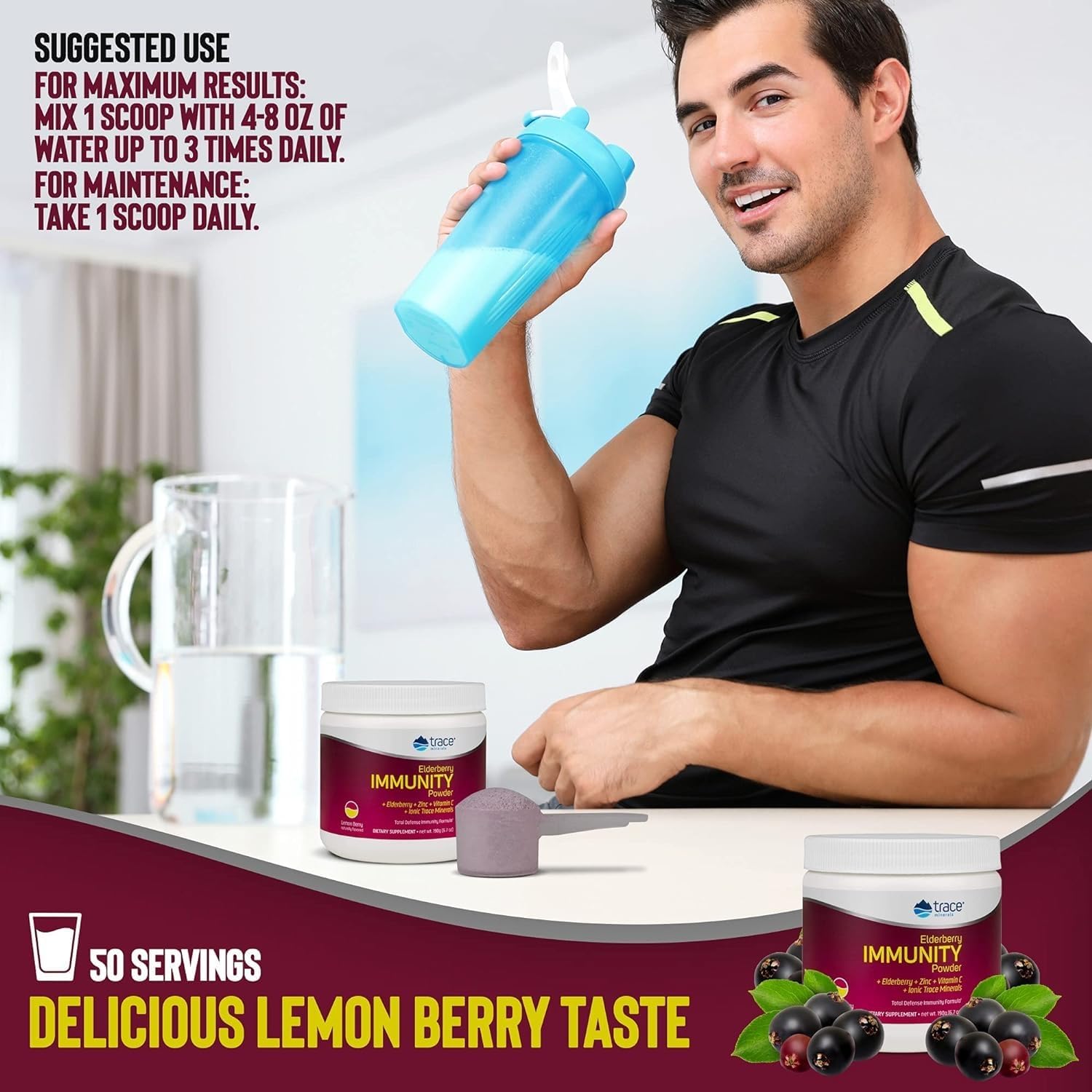 Elderberry Immunity Drink with Trace Minerals - Antioxidant Support for Heart Health - Lemon Berry Flavor, 6.7 oz