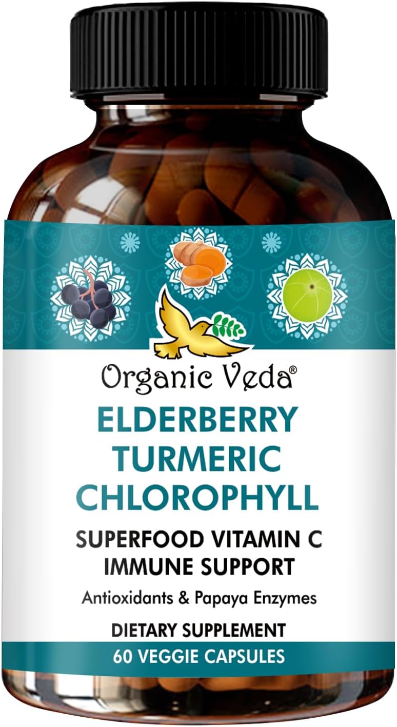 Elderberry Turmeric Chlorophyll Immune Support Supplement - Antioxidant Rich Superfood Blend with Vitamin C & Enzymes - 60 Vegan Capsules