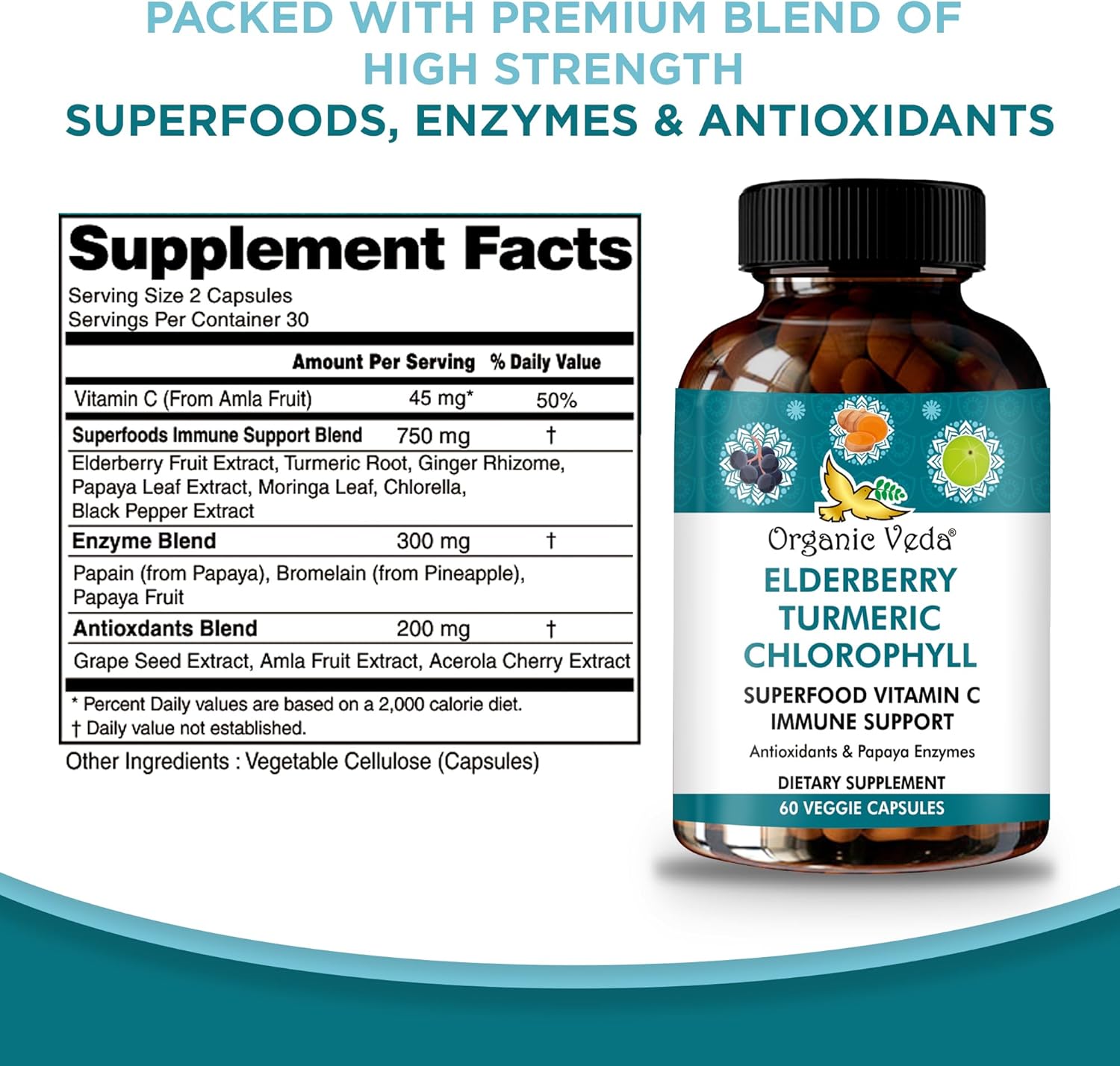 Elderberry Turmeric Chlorophyll Immune Support Supplement - Antioxidant Rich Superfood Blend with Vitamin C & Enzymes - 60 Vegan Capsules