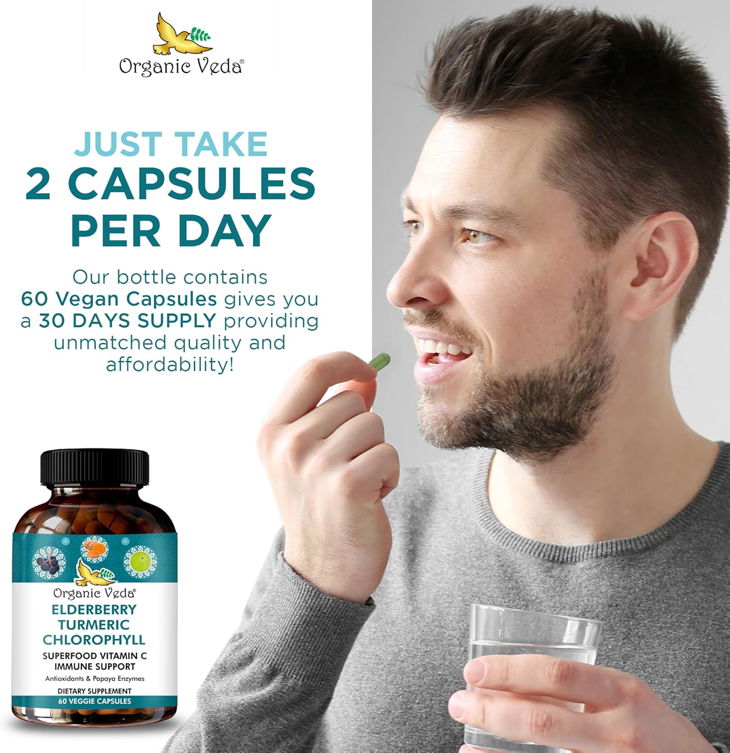 Elderberry Turmeric Chlorophyll Immune Support Supplement - Antioxidant Rich Superfood Blend with Vitamin C & Enzymes - 60 Vegan Capsules