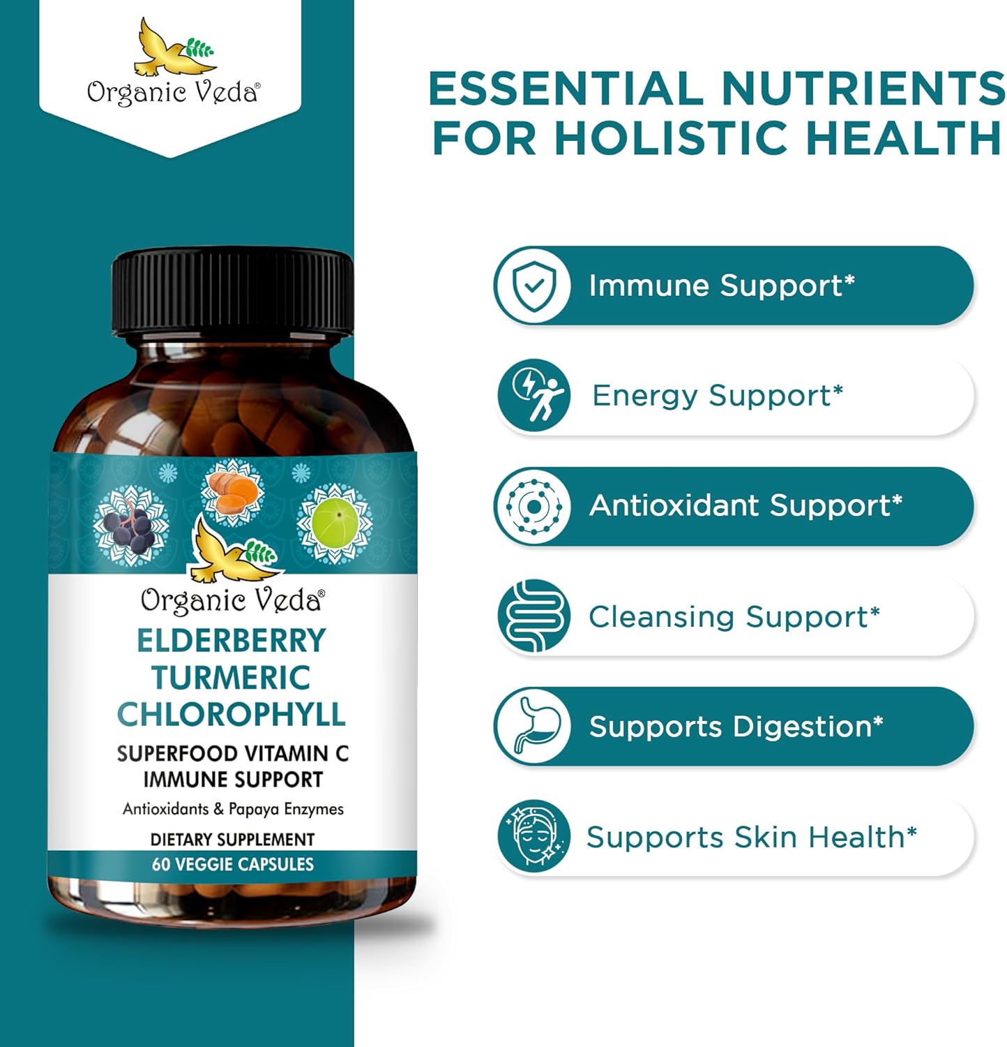 Elderberry Turmeric Chlorophyll Immune Support Supplement - Antioxidant Rich Superfood Blend with Vitamin C & Enzymes - 60 Vegan Capsules