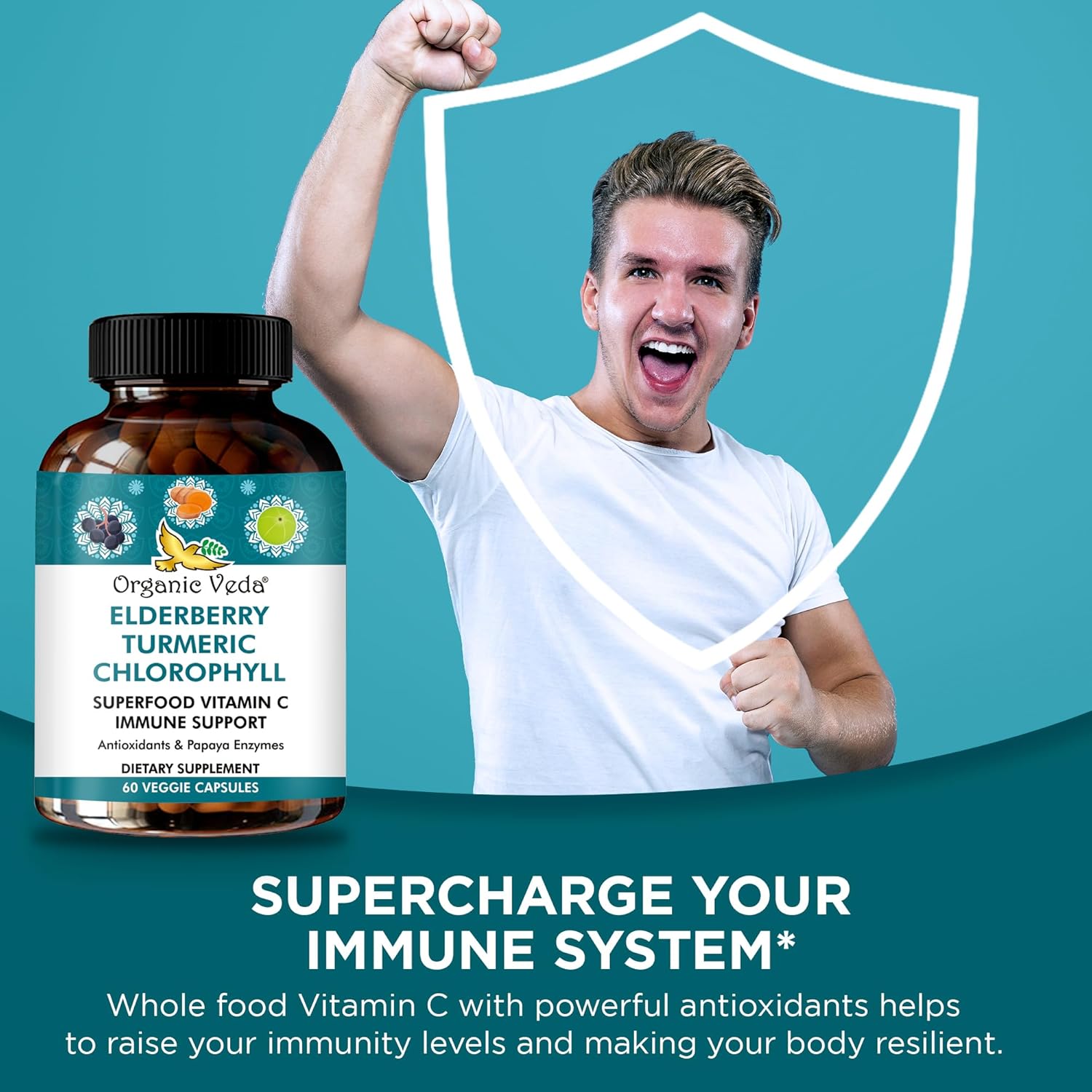 Elderberry Turmeric Chlorophyll Immune Support Supplement - Antioxidant Rich Superfood Blend with Vitamin C & Enzymes - 60 Vegan Capsules