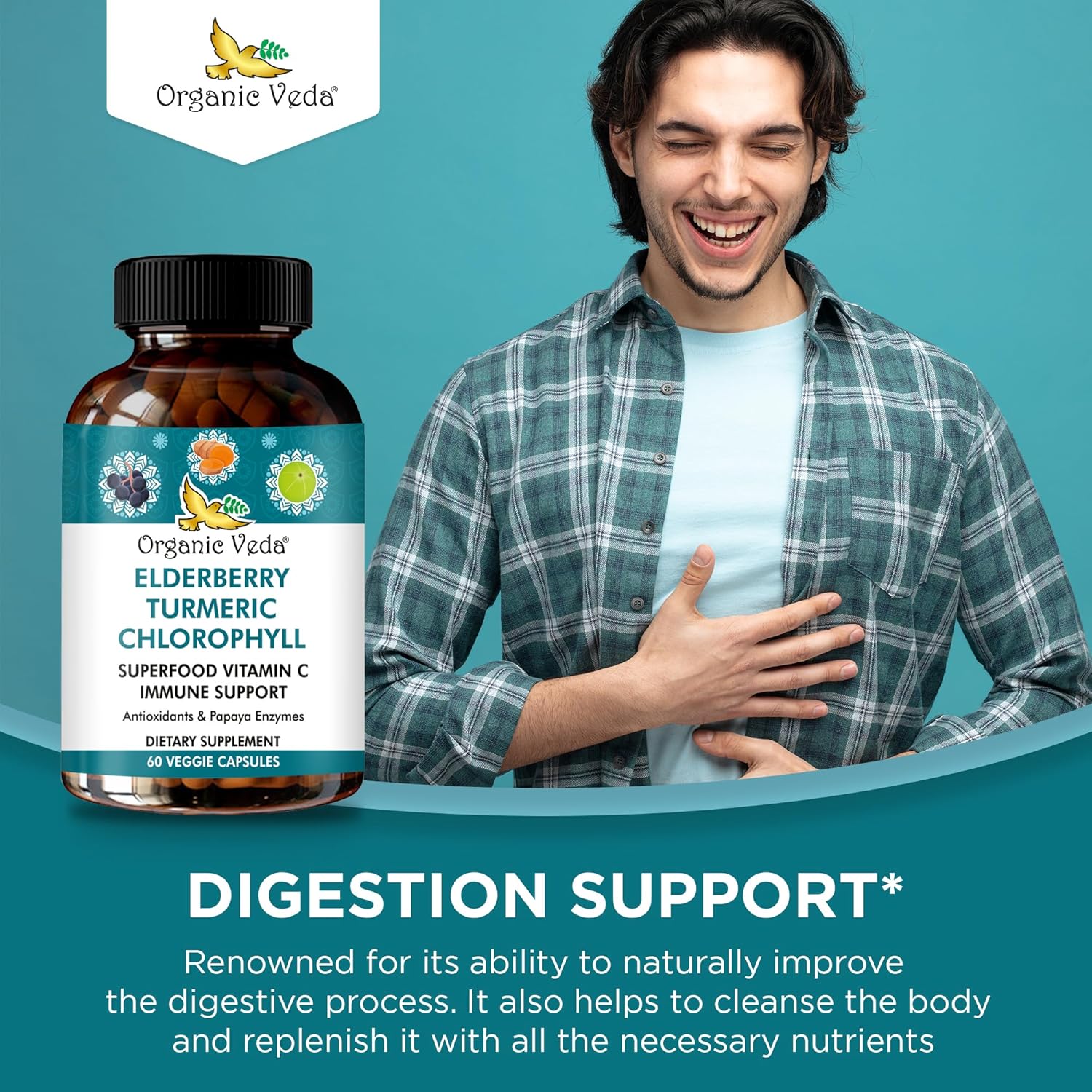 Elderberry Turmeric Chlorophyll Immune Support Supplement - Antioxidant Rich Superfood Blend with Vitamin C & Enzymes - 60 Vegan Capsules