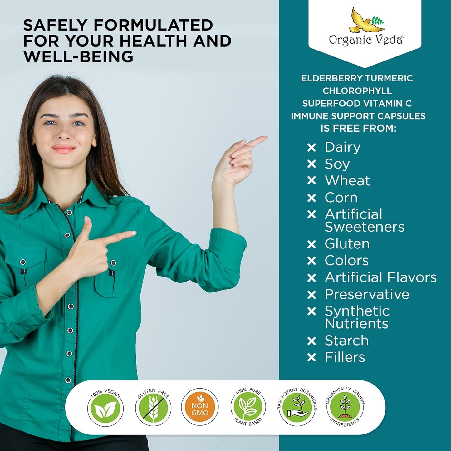 Elderberry Turmeric Chlorophyll Immune Support Supplement - Antioxidant Rich Superfood Blend with Vitamin C & Enzymes - 60 Vegan Capsules