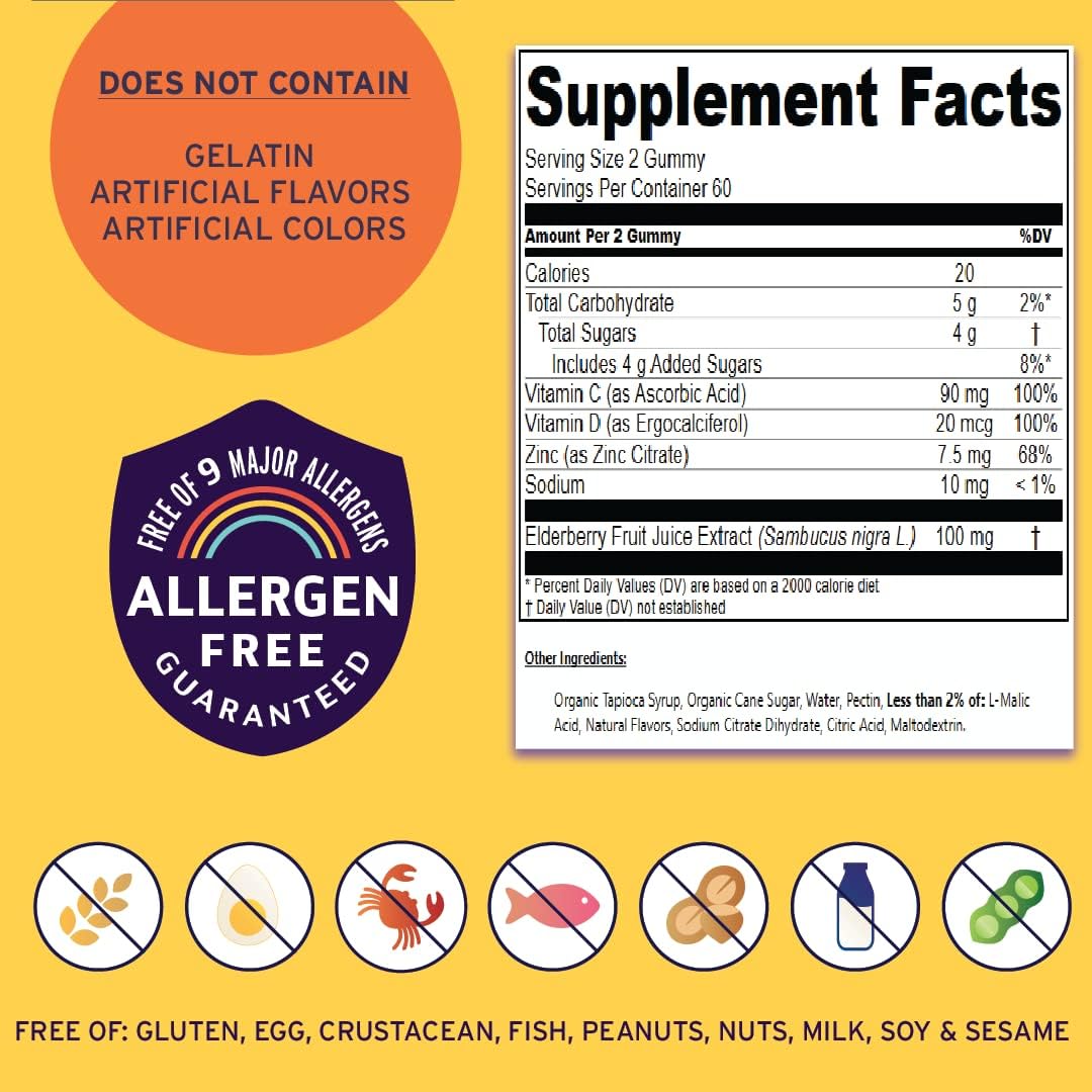 Elderberry & Vitamin C Vegan Gummies with Zinc, Vitamin D - Immune Support Supplement - 30 Day Supply