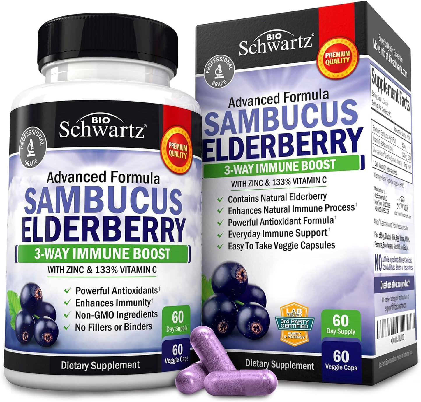 Elderberry with Zinc and Vitamin C Capsules for Immune Support - Natural Black Sambucus for Women and Men - 60 Ct Gluten-Free Supplement