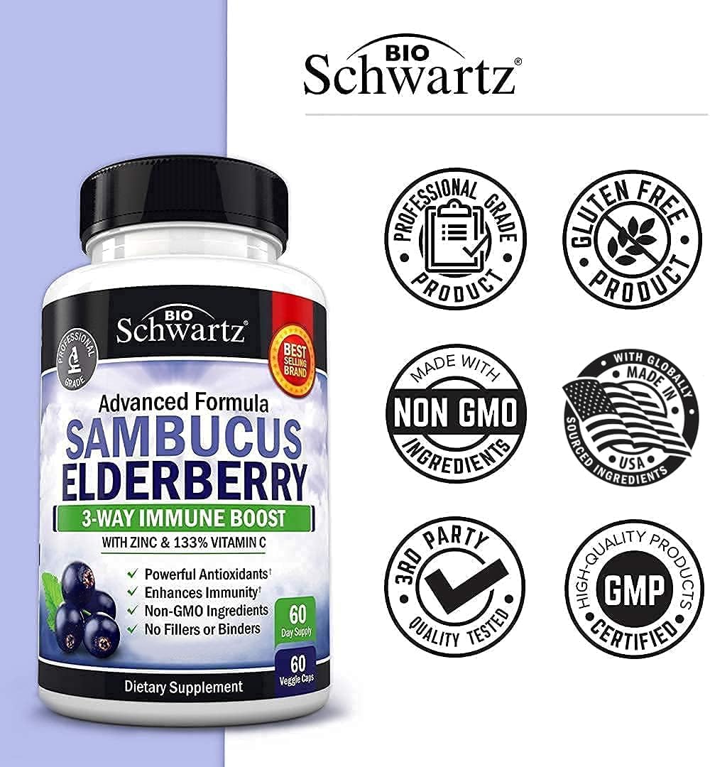 Elderberry with Zinc and Vitamin C Capsules for Immune Support - Natural Black Sambucus for Women and Men - 60 Ct Gluten-Free Supplement