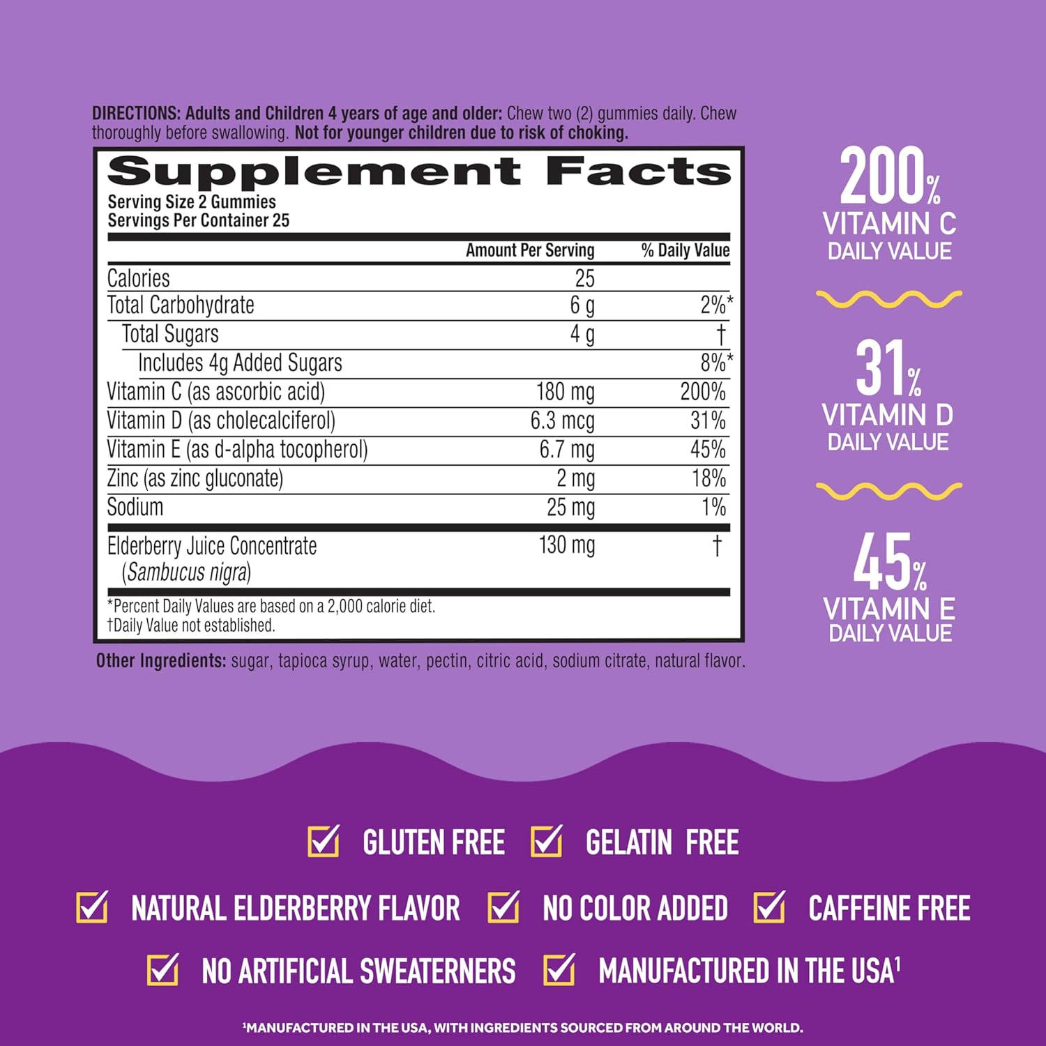 Elderberry + Zinc Immune Support Gummies for Adults - Vitamin C, D, E Antioxidants - 50 Count, Elderberry Flavor