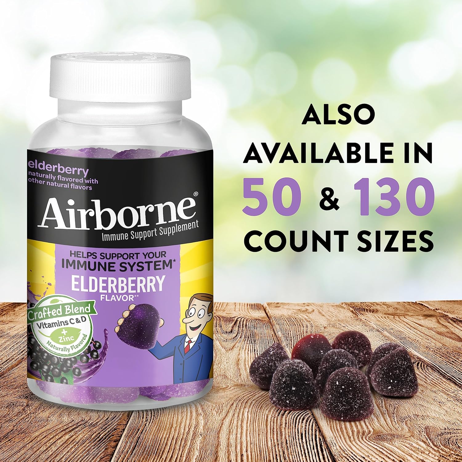Elderberry + Zinc Immune Support Gummies for Adults - Vitamin C, D, E Antioxidants - 50 Count, Elderberry Flavor