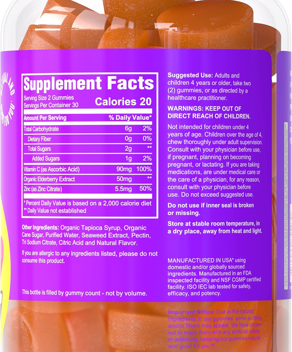 Elderberry, Zinc & Vitamin C Gummies for Immune Support, Non-GMO, 60 Count