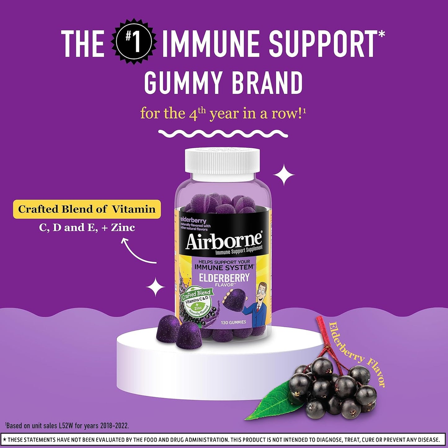 Elderberry + Zinc & Vitamin C Immune Support Gummies for Adults - 130 Gummies, Elderberry Flavor - Antioxidant Vitamins D & E