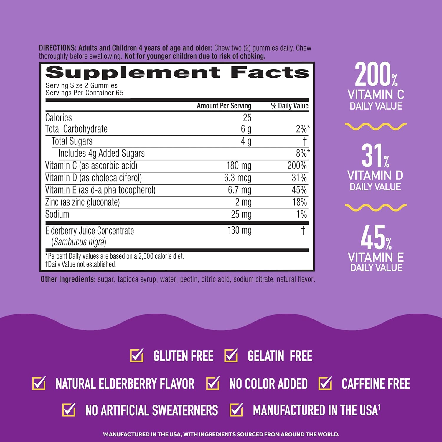 Elderberry + Zinc & Vitamin C Immune Support Gummies for Adults - 130 Gummies, Elderberry Flavor - Antioxidant Vitamins D & E