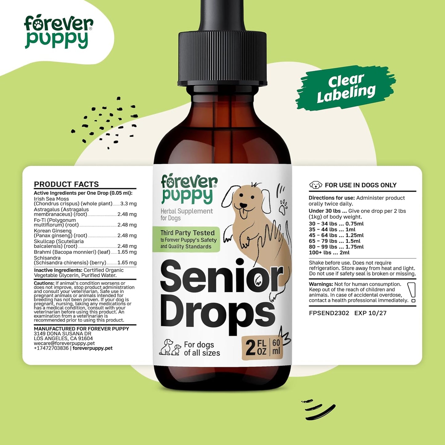 Elderly Dogs Immune & Brain Support Drops - Vitamins for Senior Pets - All Breeds & Sizes - 2 oz