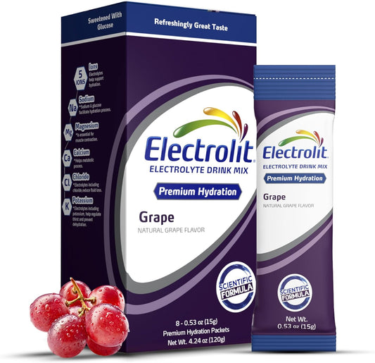 Electrolit Grape Electrolyte Powder Packets - 8 Pack for Dehydration & Rehydration, Post Workout Hydration Drink Mix, Gluten Free Water Enhancer Sticks