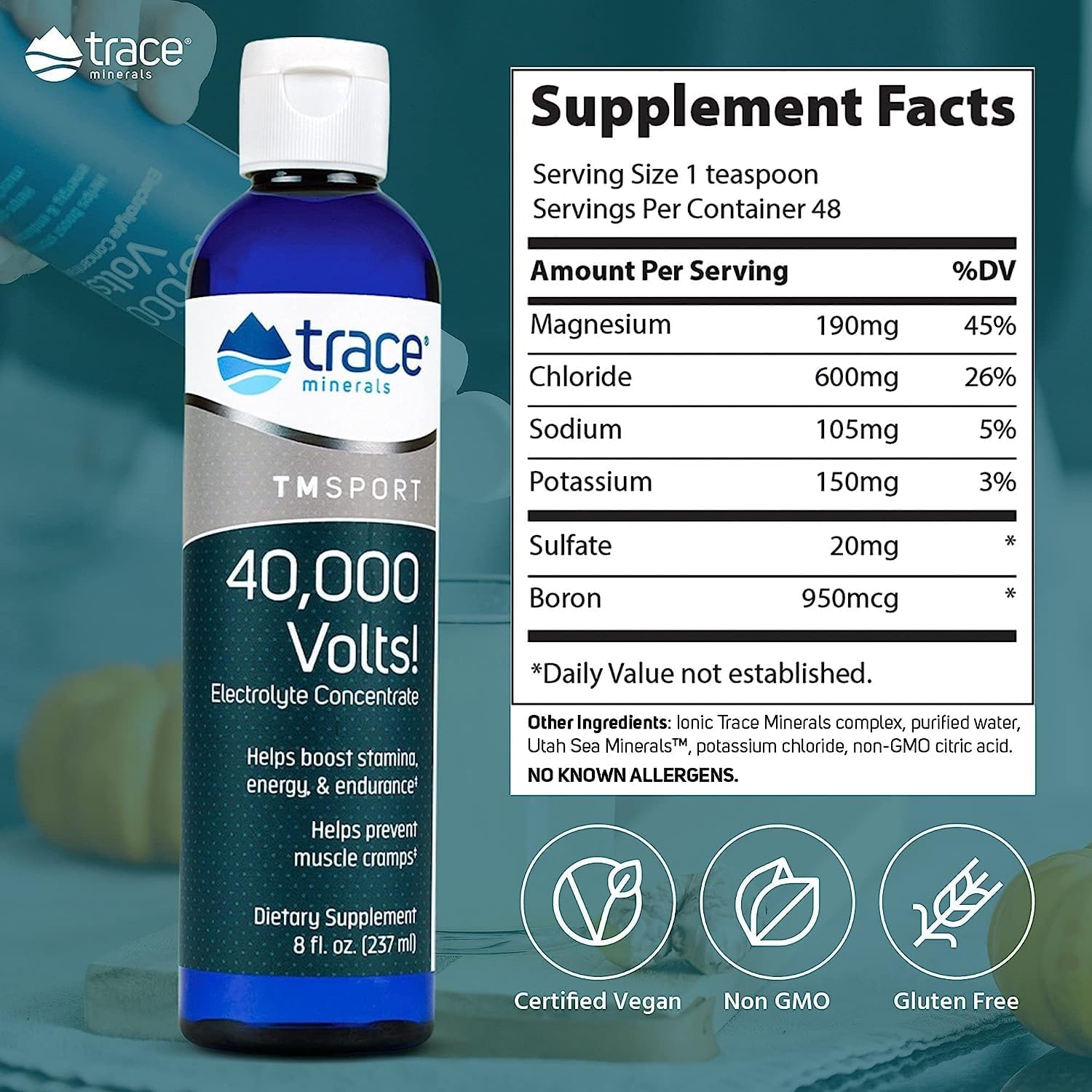 Electrolyte Concentrate Drops for Muscle Health & Hydration - Trace Minerals 40,000 Volts - 8 fl oz (2 Pack, 96 Servings)