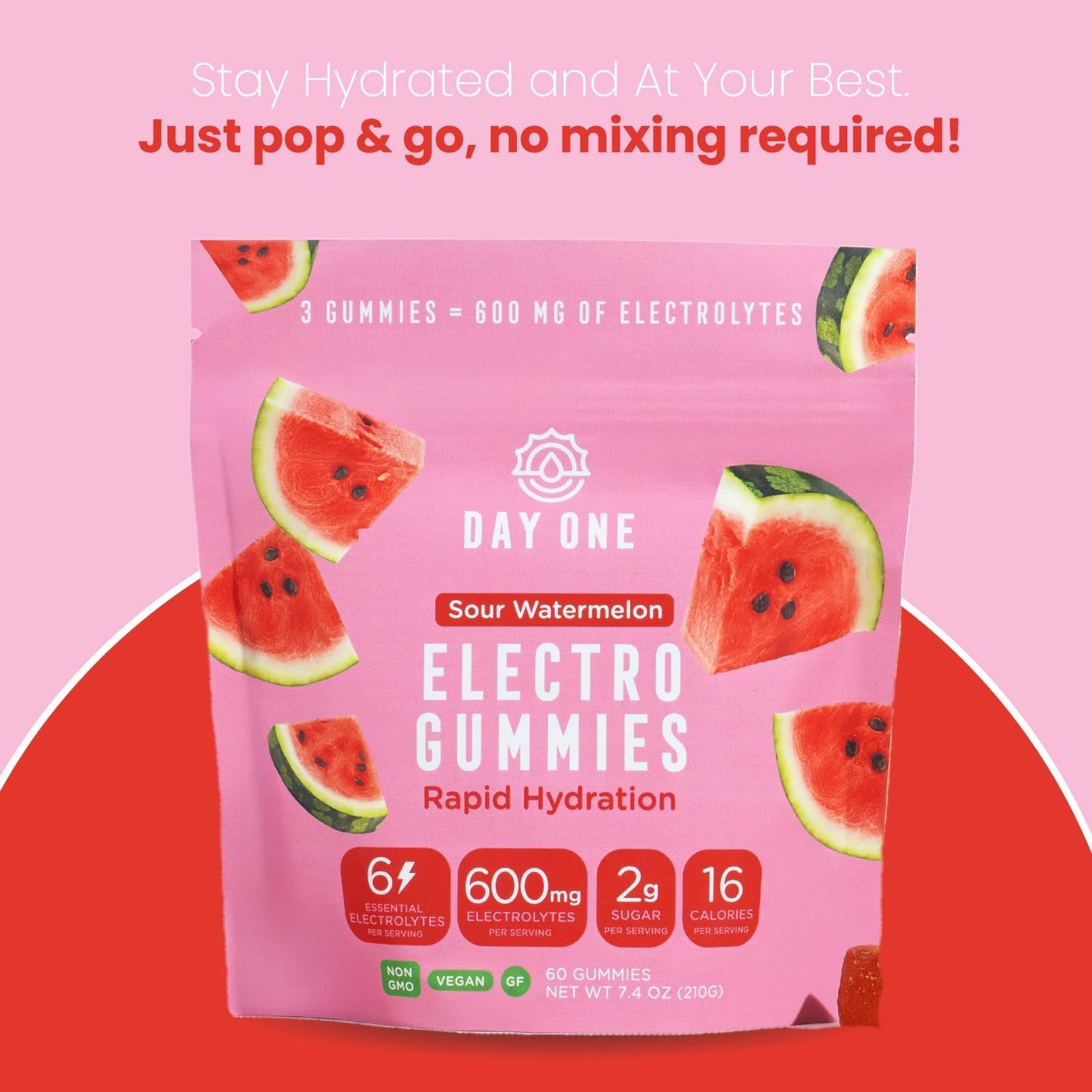 Electrolyte Hydration Gummies - Boost Energy & Hydration - Post & Pre Workout Supplement - Sour Watermelon Flavor - 60 Gummies
