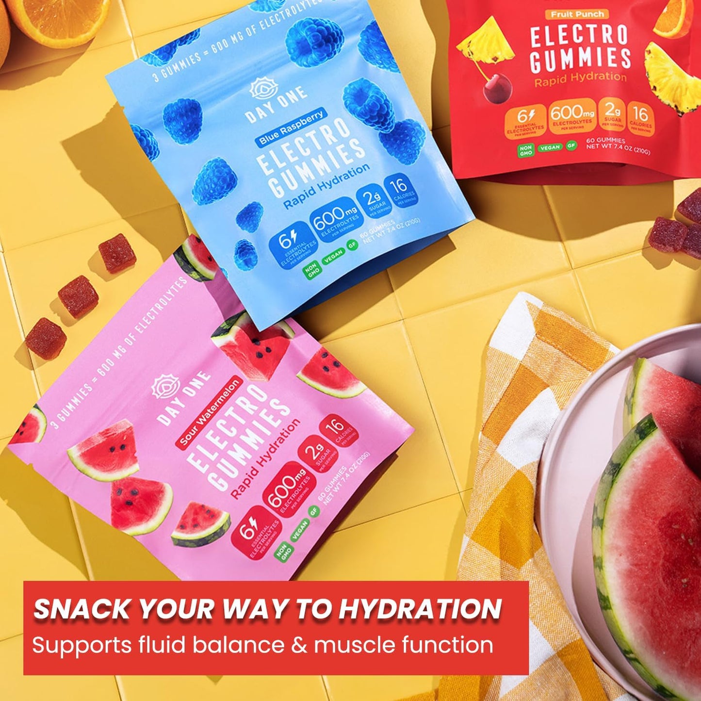 Electrolyte Hydration Gummies - Boost Energy & Hydration - Post & Pre Workout Supplement - Sour Watermelon Flavor - 60 Gummies
