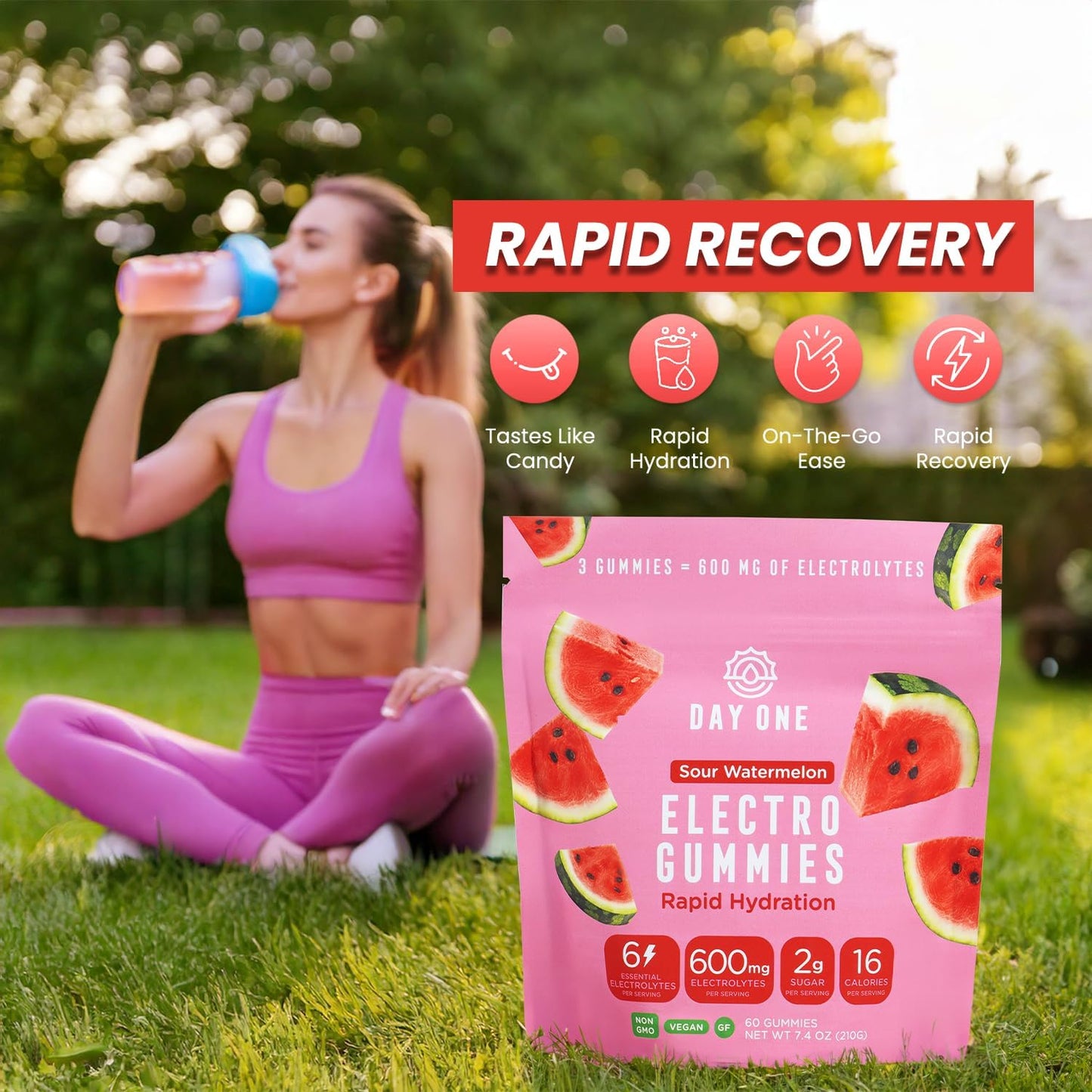 Electrolyte Hydration Gummies - Boost Energy & Hydration - Post & Pre Workout Supplement - Sour Watermelon Flavor - 60 Gummies