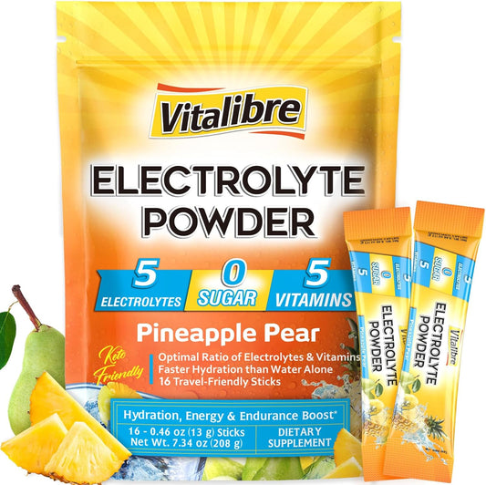 Electrolyte Powder Packets with Magnesium, Potassium, Sodium, Vitamin C for Rapid Hydration - Zero Sugar & Keto - Pineapple Pear Flavor - 16 Stick Packs