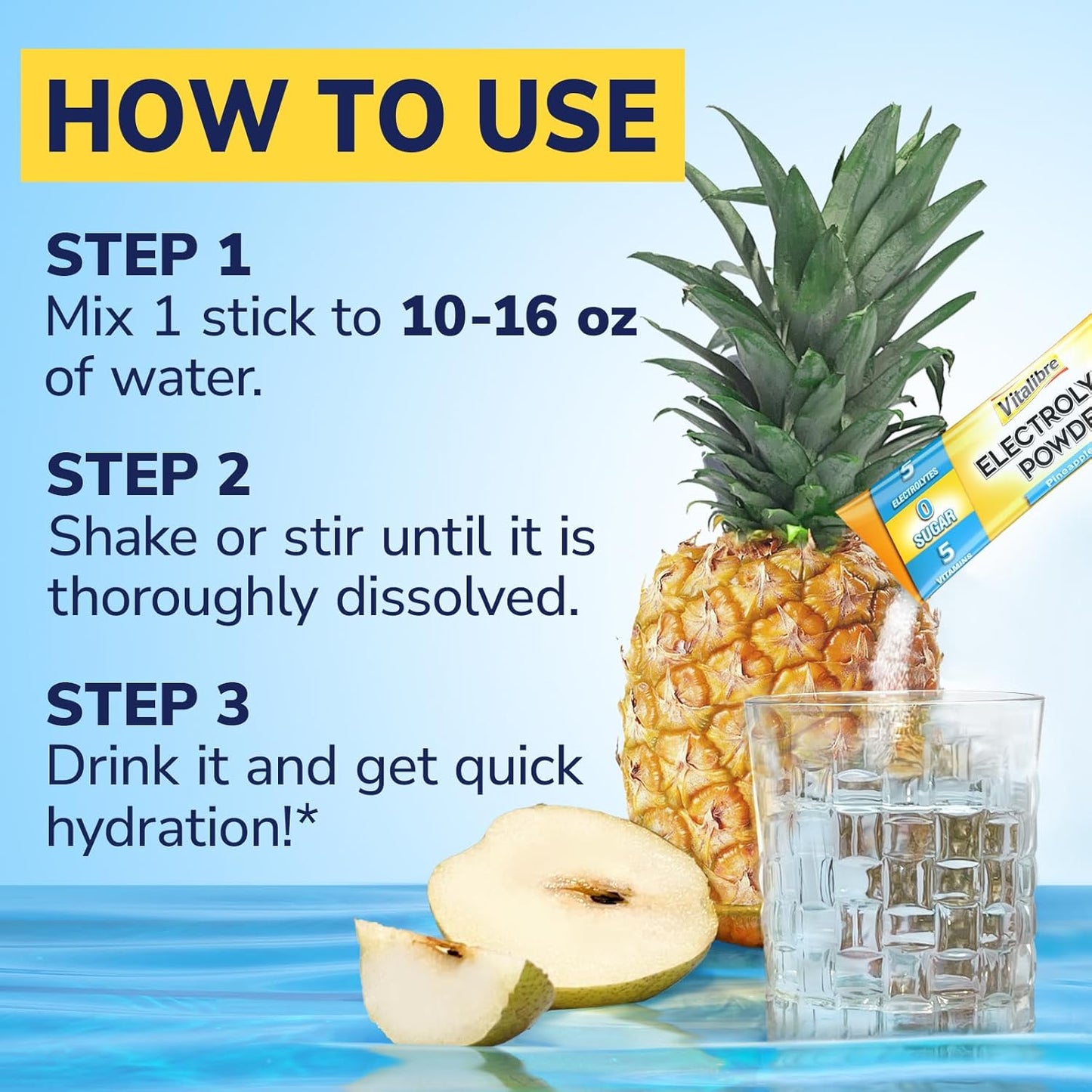 Electrolyte Powder Packets with Magnesium, Potassium, Sodium, Vitamin C for Rapid Hydration - Zero Sugar & Keto - Pineapple Pear Flavor - 16 Stick Packs