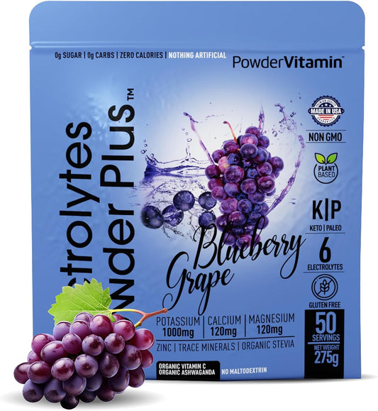 Electrolyte Powder with Vitamins, 0 Calorie Keto Hydration Powder - Blueberry Grape Flavor, 50 Servings, 1000mg Potassium, 120mg Calcium, 120mg Magnesium - No Sugar or Maltodextrin
