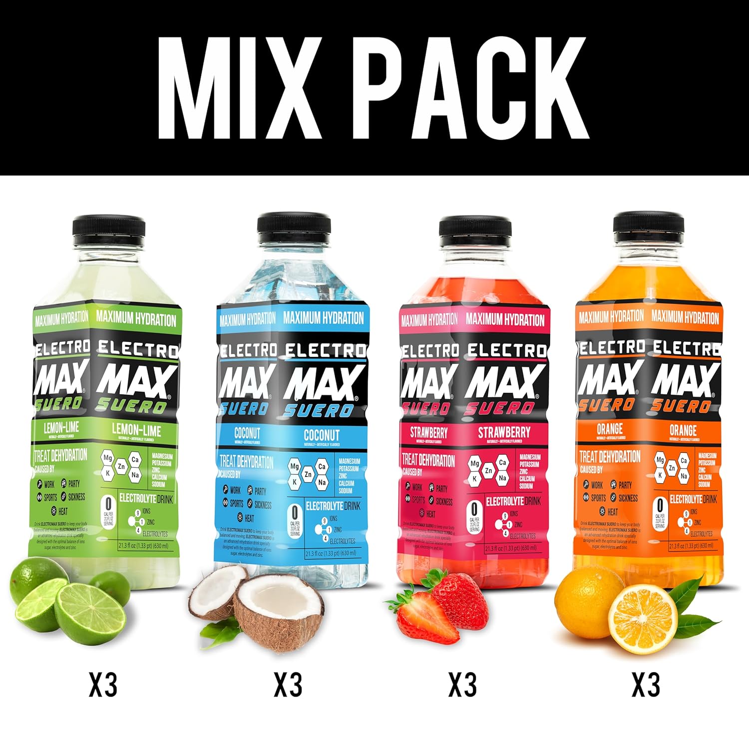 ELECTROMAX SUERO Zero Sugar Electrolyte Drink 12-Pack Mix 21.3 Fl Oz Each, Hydration for Sports Recovery Daily Use Magnesium Potassium Zinc Calcium Zero Calories