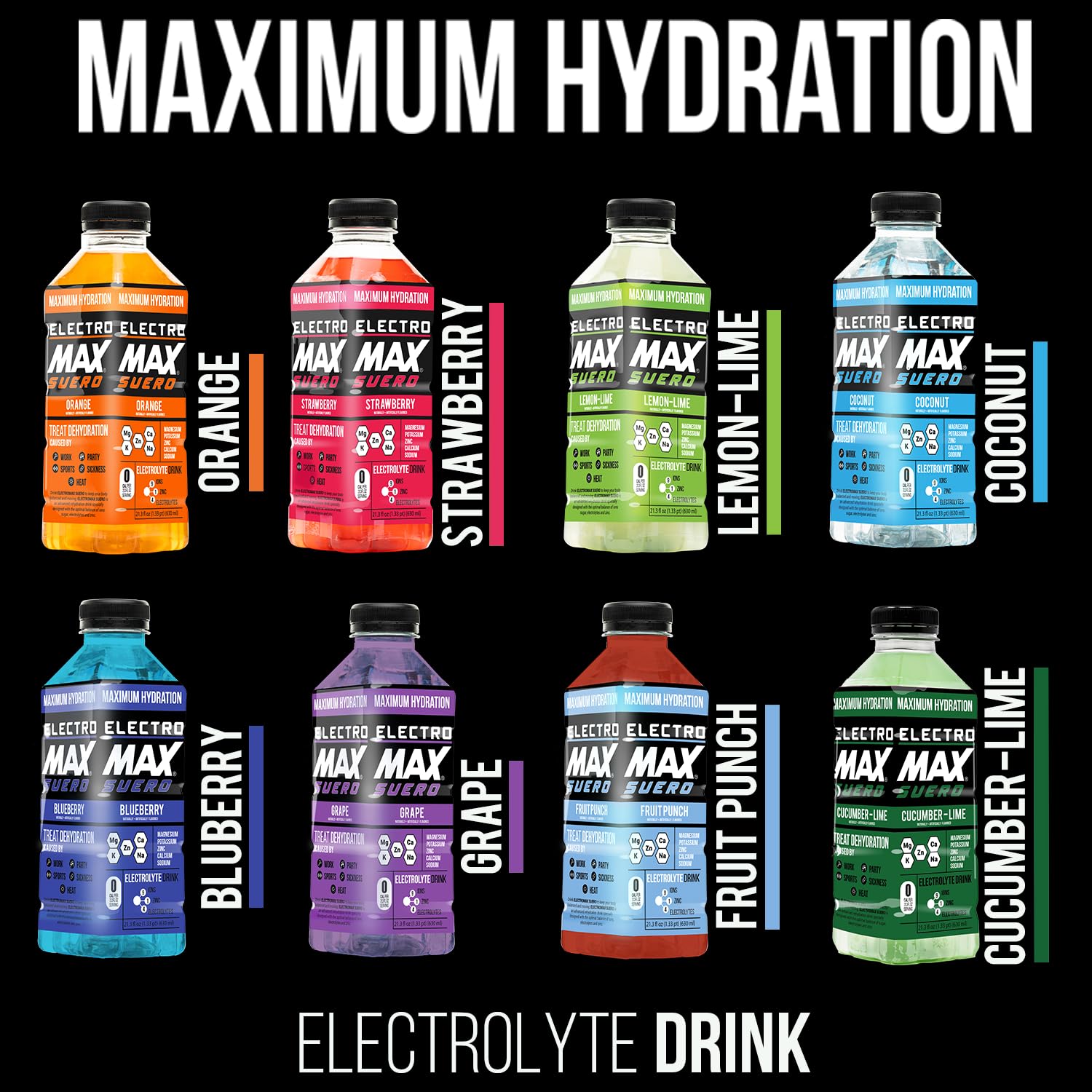 ELECTROMAX SUERO Zero Sugar Electrolyte Drink 12-Pack Mix 21.3 Fl Oz Each, Hydration for Sports Recovery Daily Use Magnesium Potassium Zinc Calcium Zero Calories