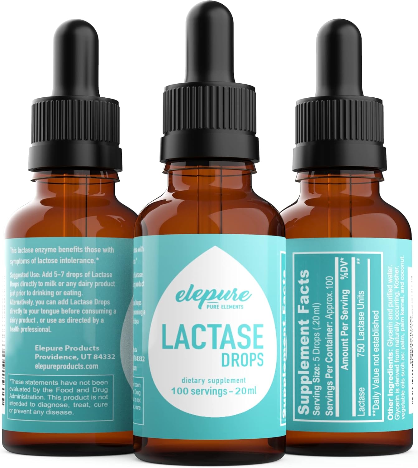 Elepure Lactase Drops - 100 Servings (20ml) for Lactose Intolerance - Pure Elements Enzyme