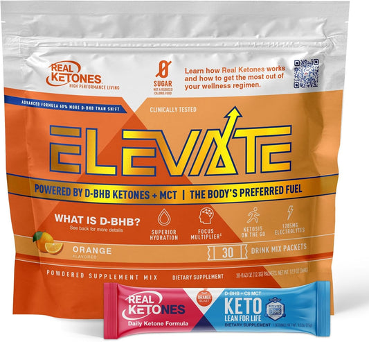 Elevate Keto Electrolytes Drink Mix Packets with Real Ketones MCT & BHB - 30 Pack Orange Flavor