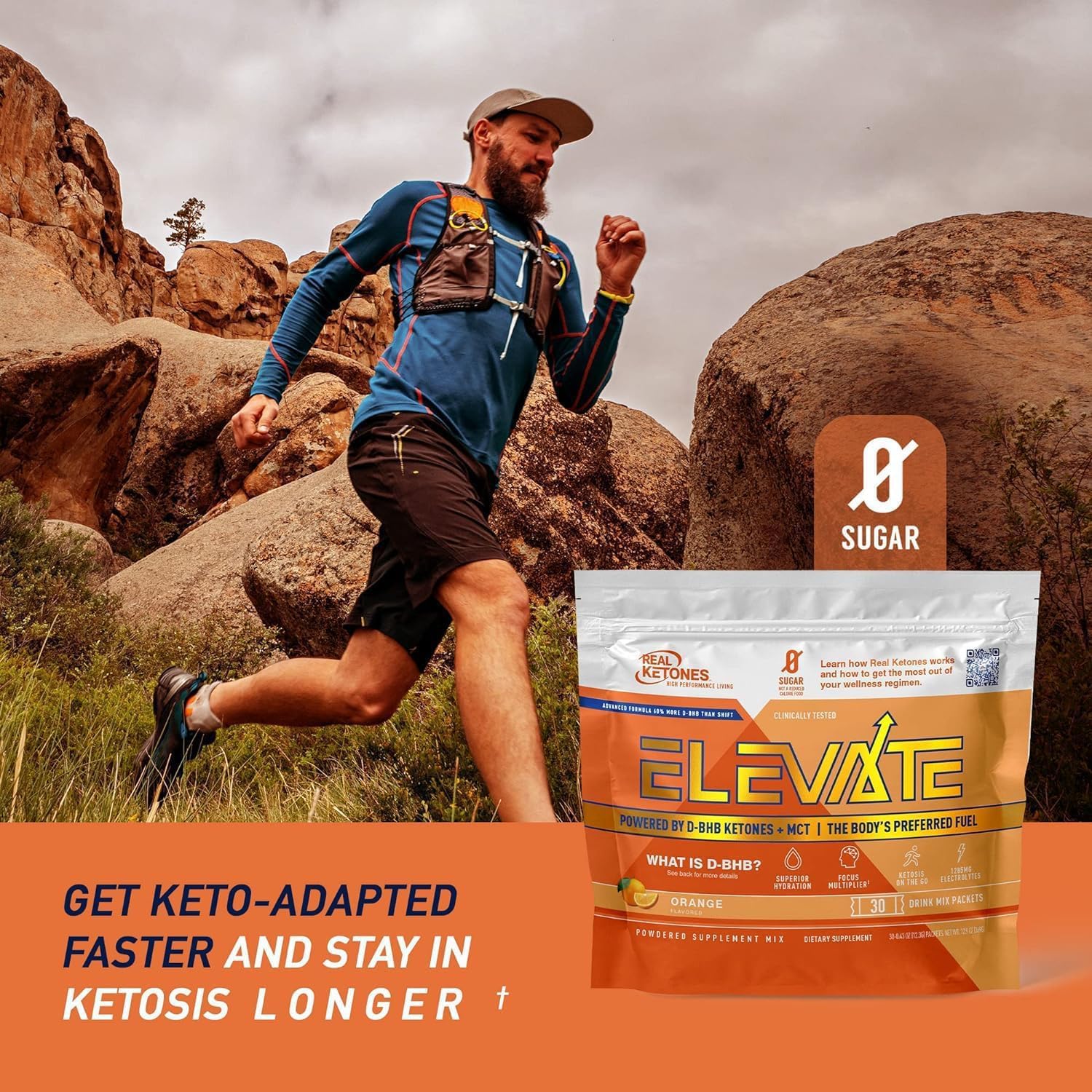 Elevate Keto Electrolytes Drink Mix Packets with Real Ketones MCT & BHB - 30 Pack Orange Flavor