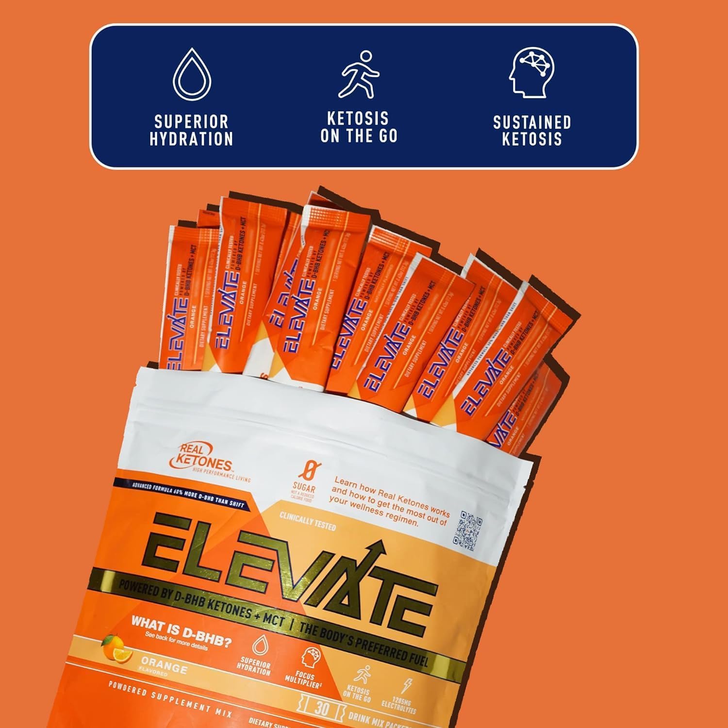 Elevate Keto Electrolytes Drink Mix Packets with Real Ketones MCT & BHB - 30 Pack Orange Flavor